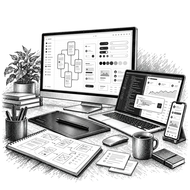 A designer's desk with a monitor showing user flows and a component library, a laptop with code, a phone, a drawing tablet and a sketchbook of wireframes.
