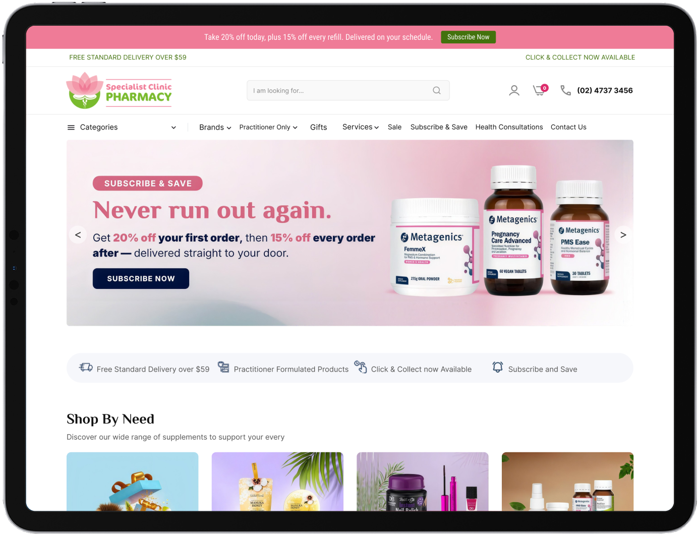 Specialist Clinic Pharmacy online store on a tablet