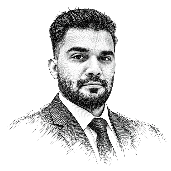 Engraving-style portrait of Muhammad Naeem