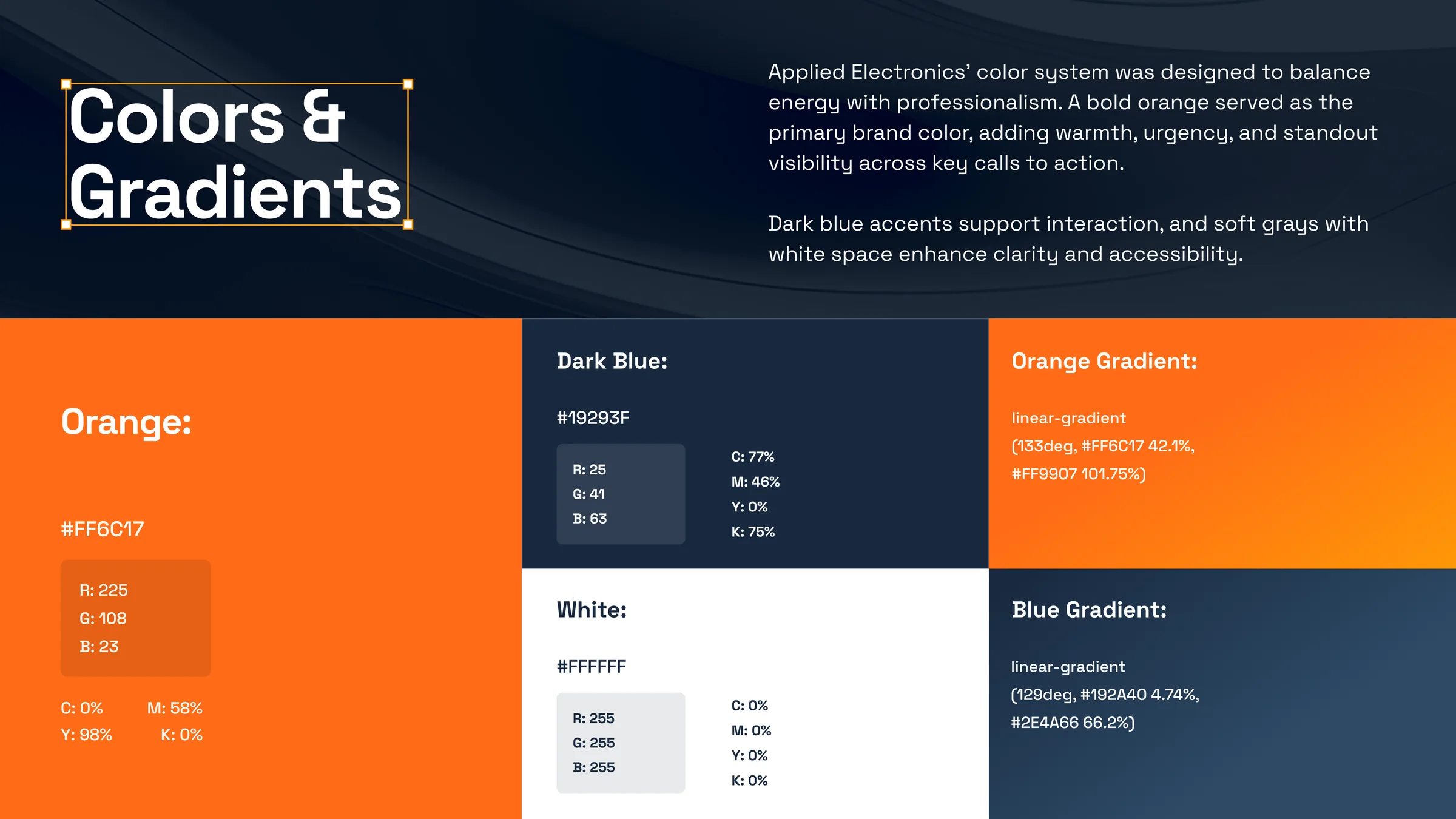 Colours and gradients: orange, dark blue, white and two gradients