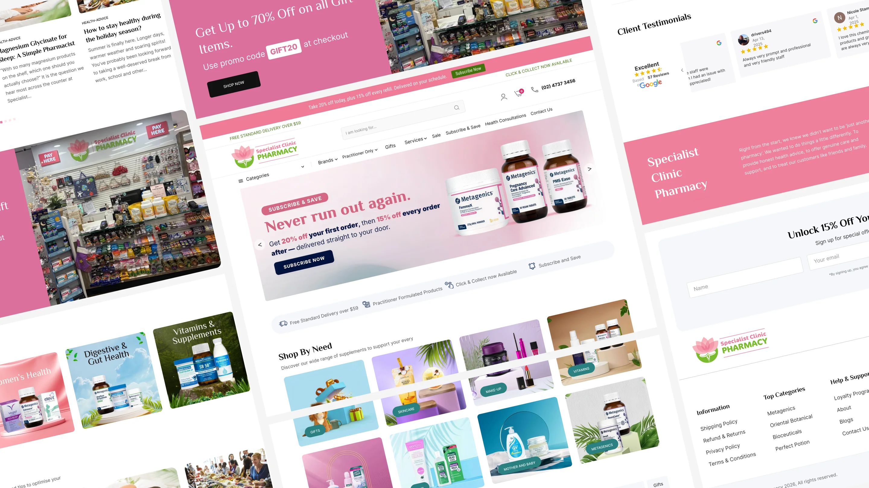 Specialist Clinic Pharmacy: the redesigned pages as a collage