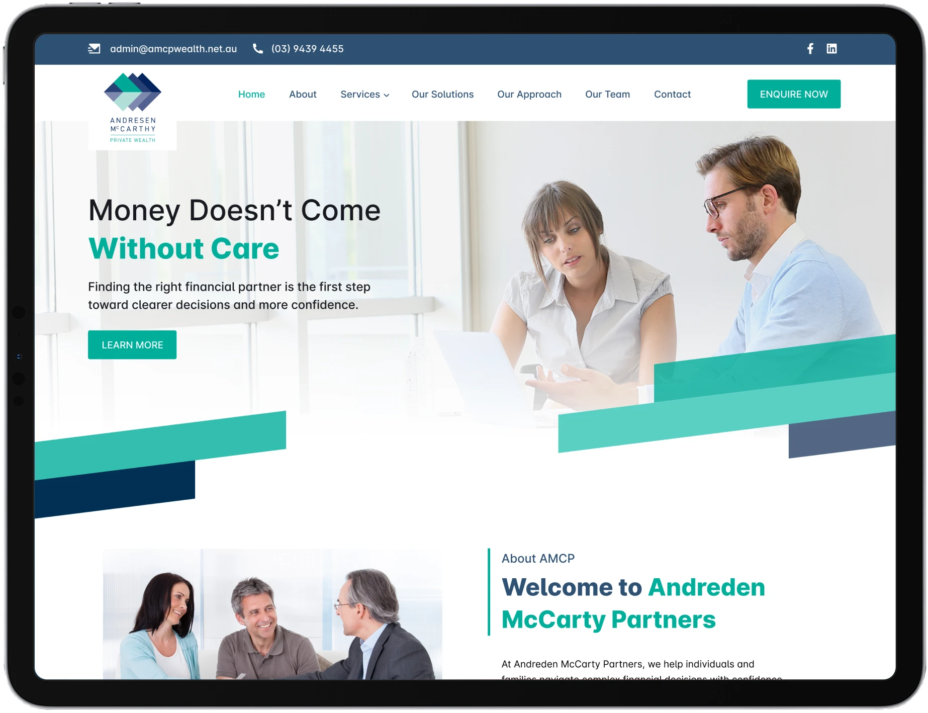 The Andreden McCarthy Partners website on an iPad