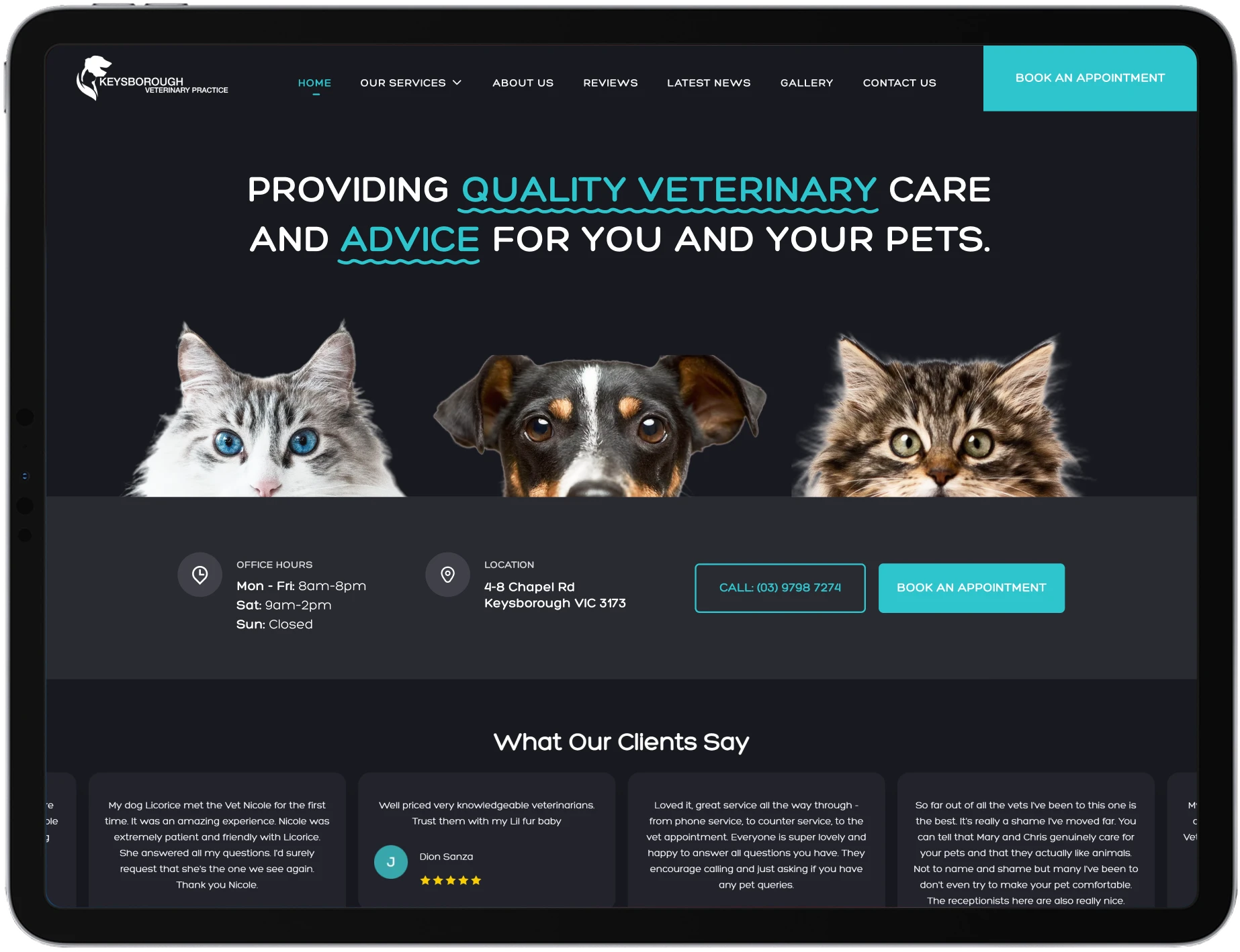 The Keysborough Veterinary Practice website on an iPad