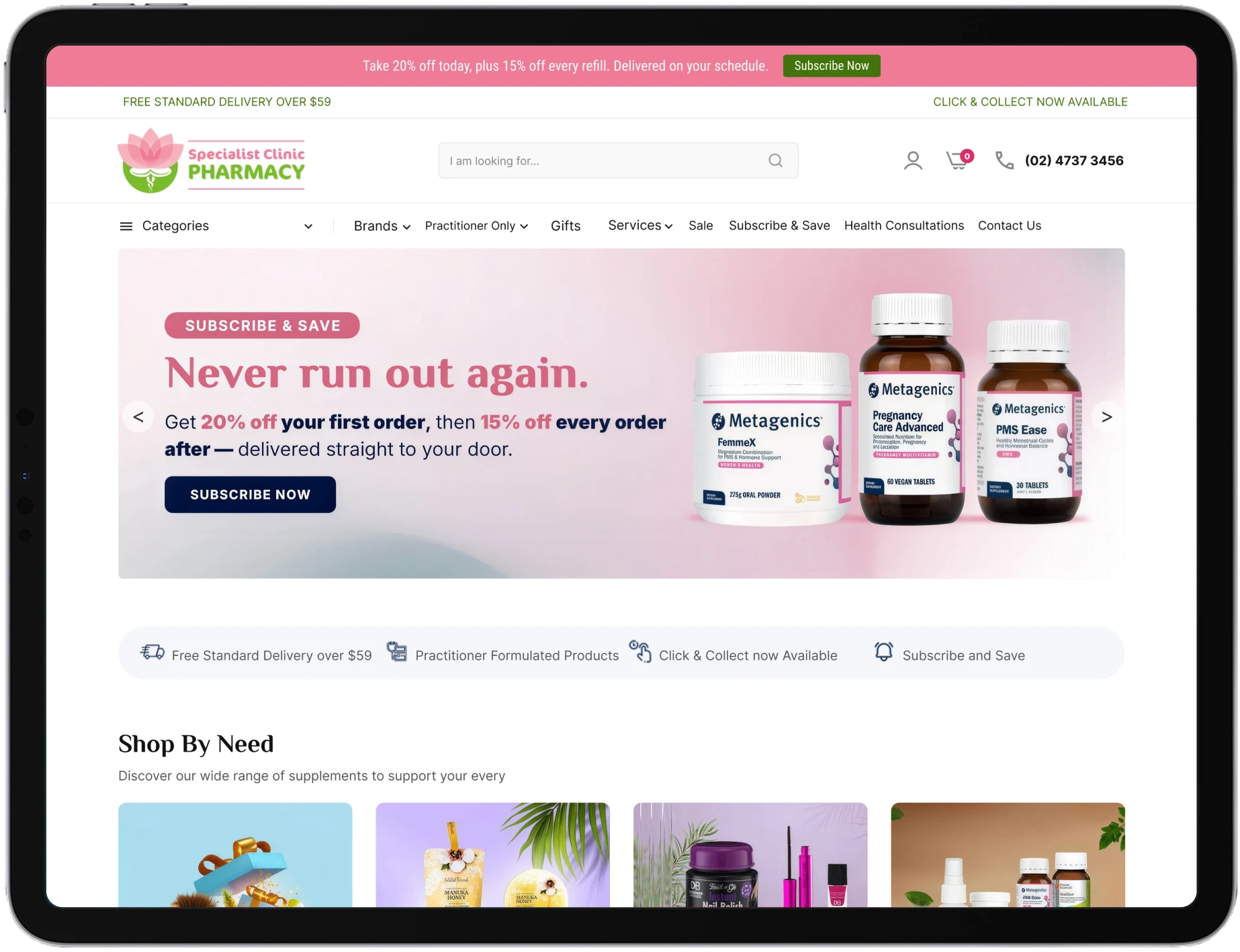 The Specialist Clinic Pharmacy website on an iPad