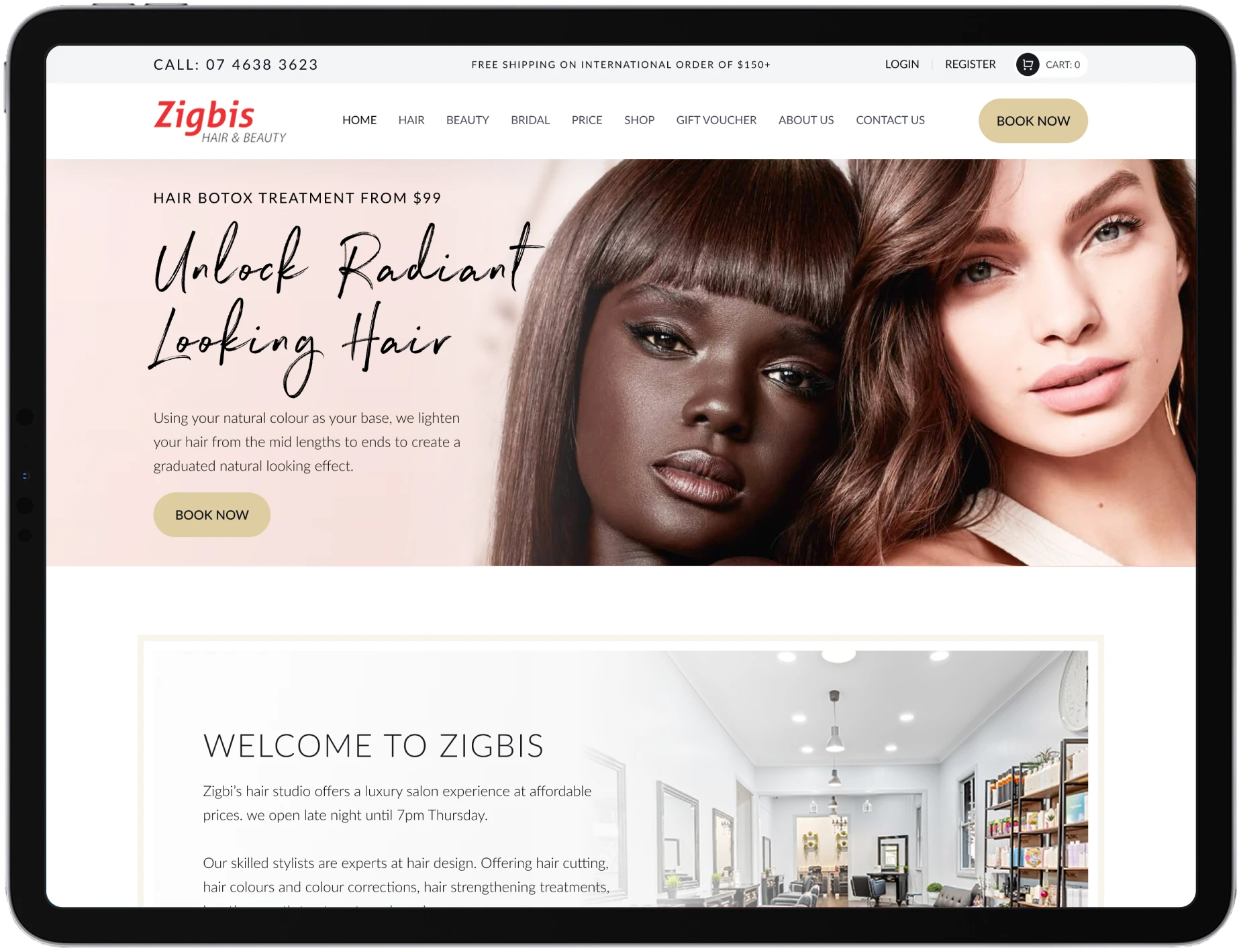 The Zigbis Hair & Beauty website on an iPad
