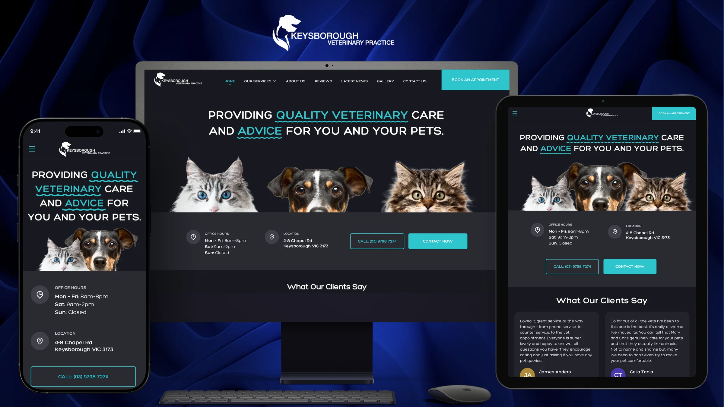 Keysborough Veterinary Practice: the new website on desktop, tablet and phone