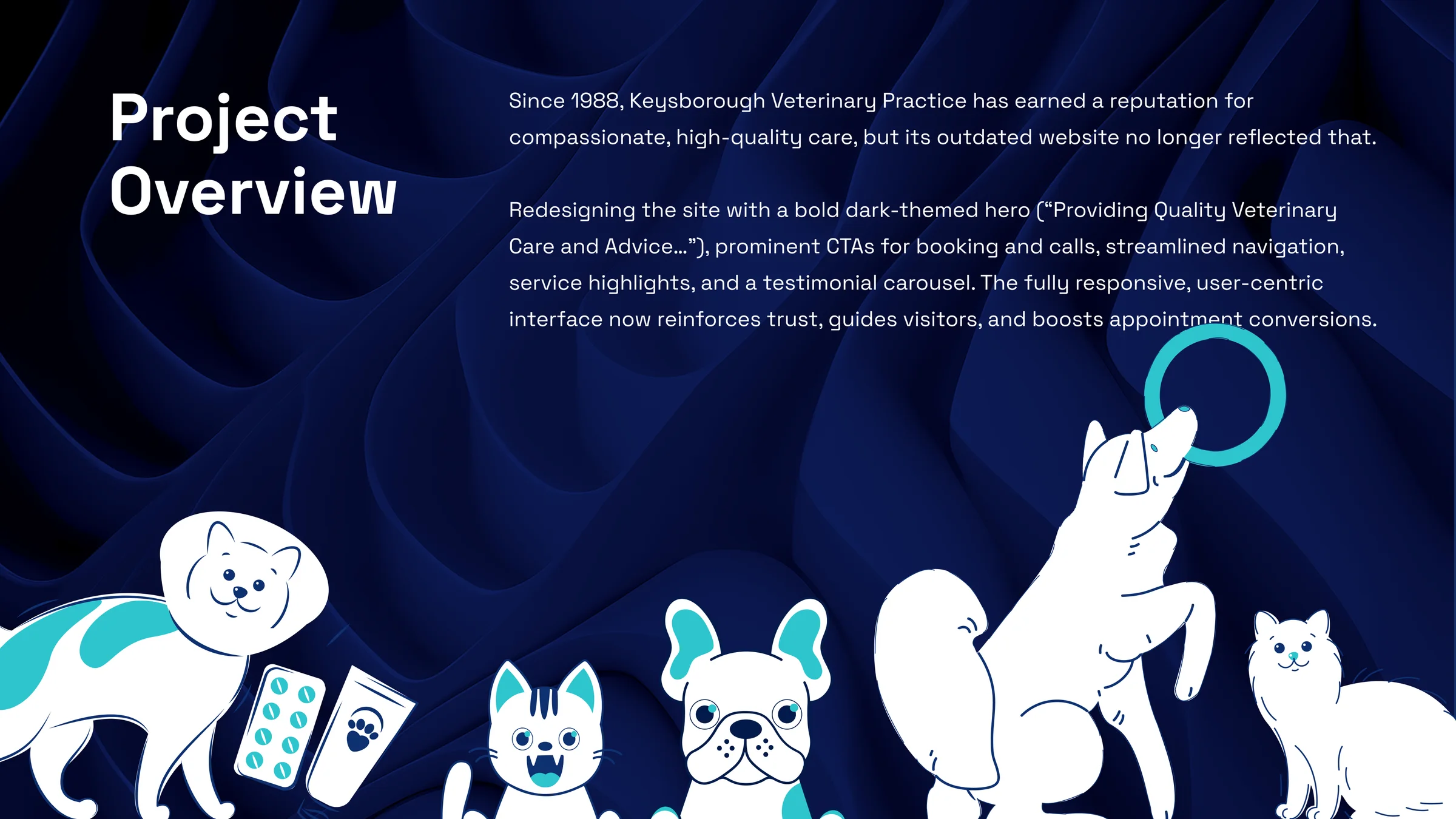 Project overview: a bold dark-themed hero, clear calls to action and a testimonial carousel
