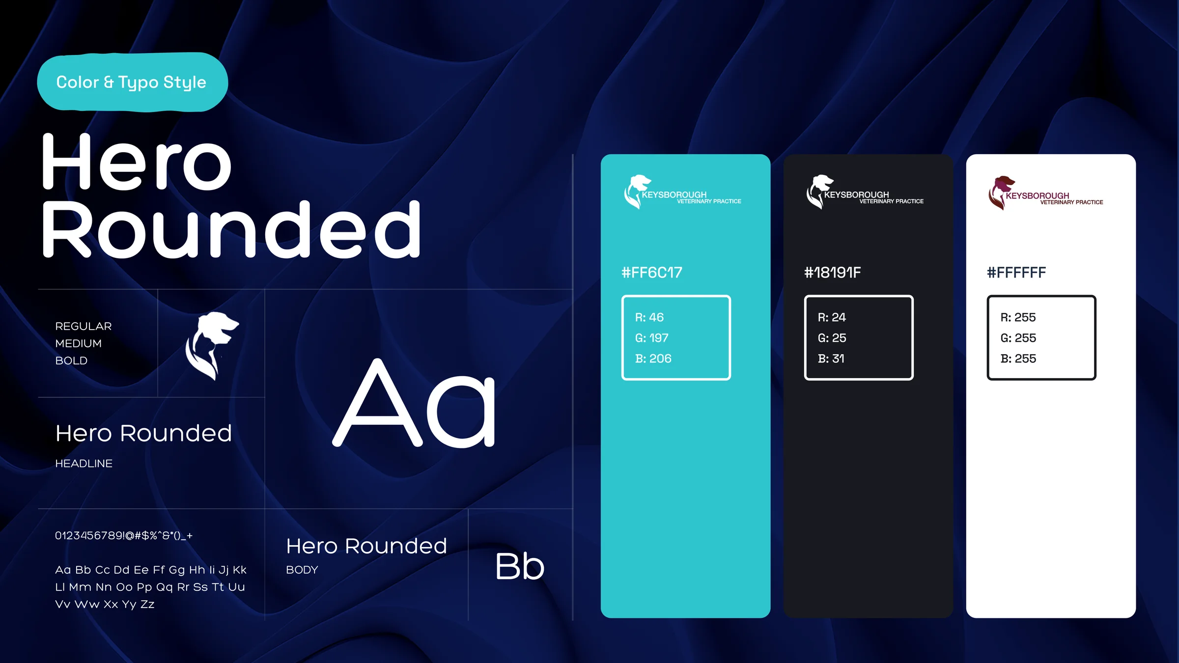 Colour and type style: Hero Rounded, with the teal, dark and white palette