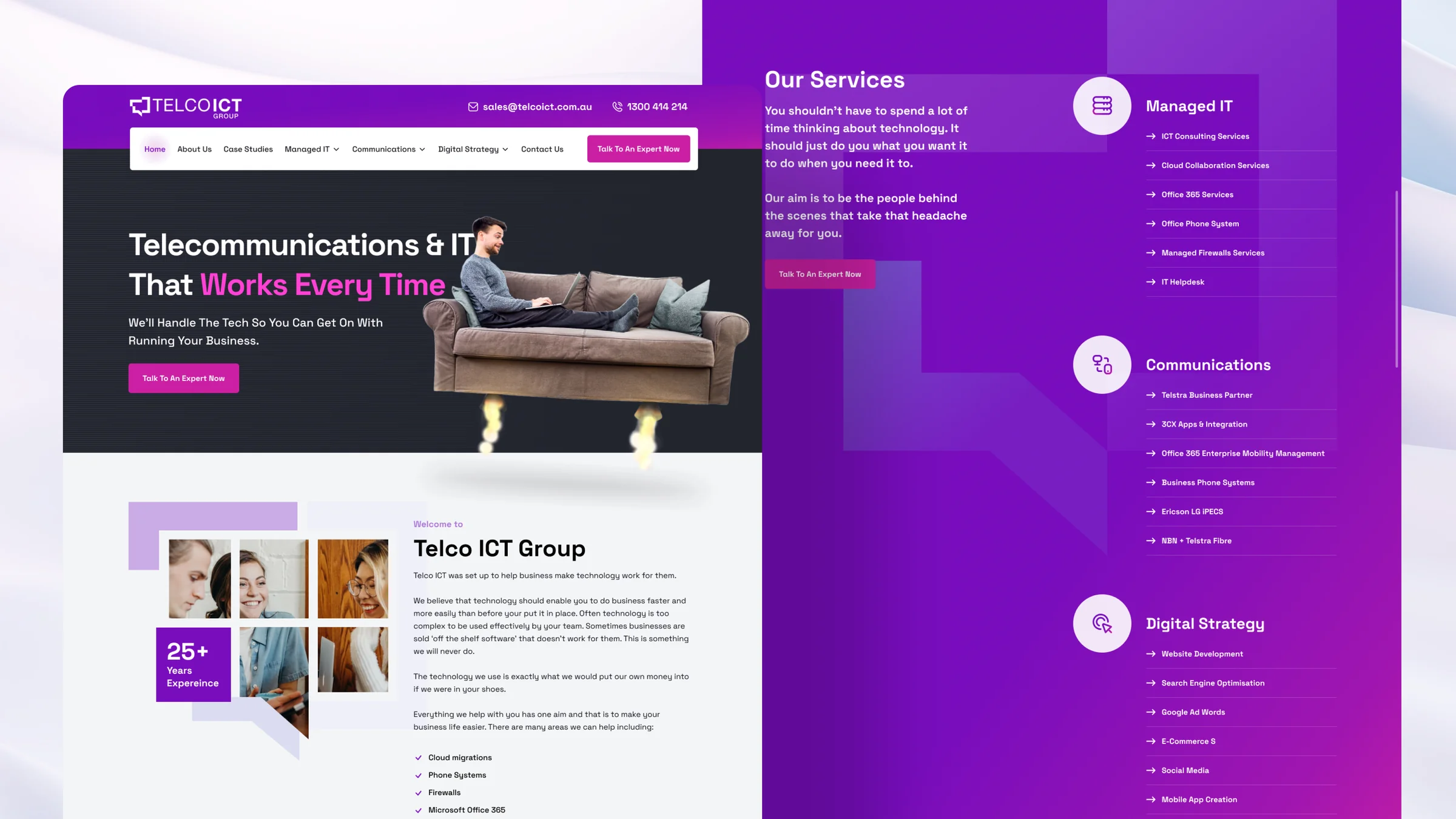 The home page and the services section