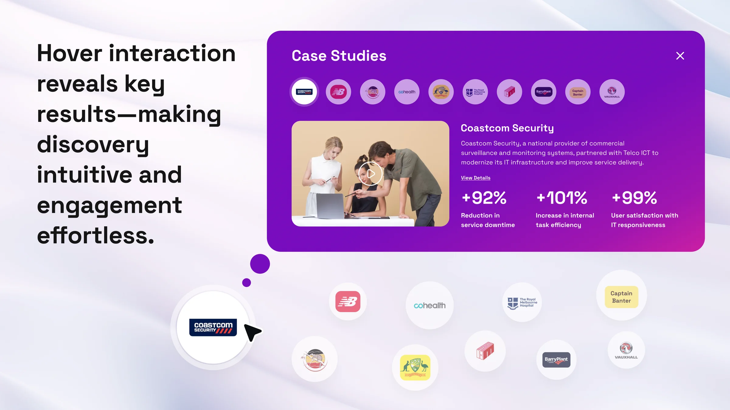 Hover interaction on the case studies that reveals key results