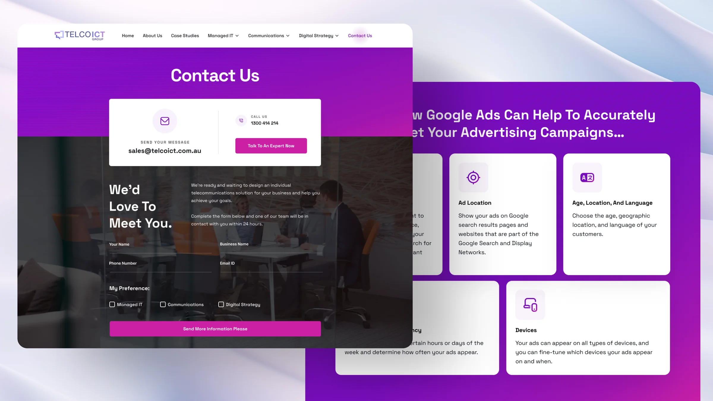 The contact page and the Google Ads service page