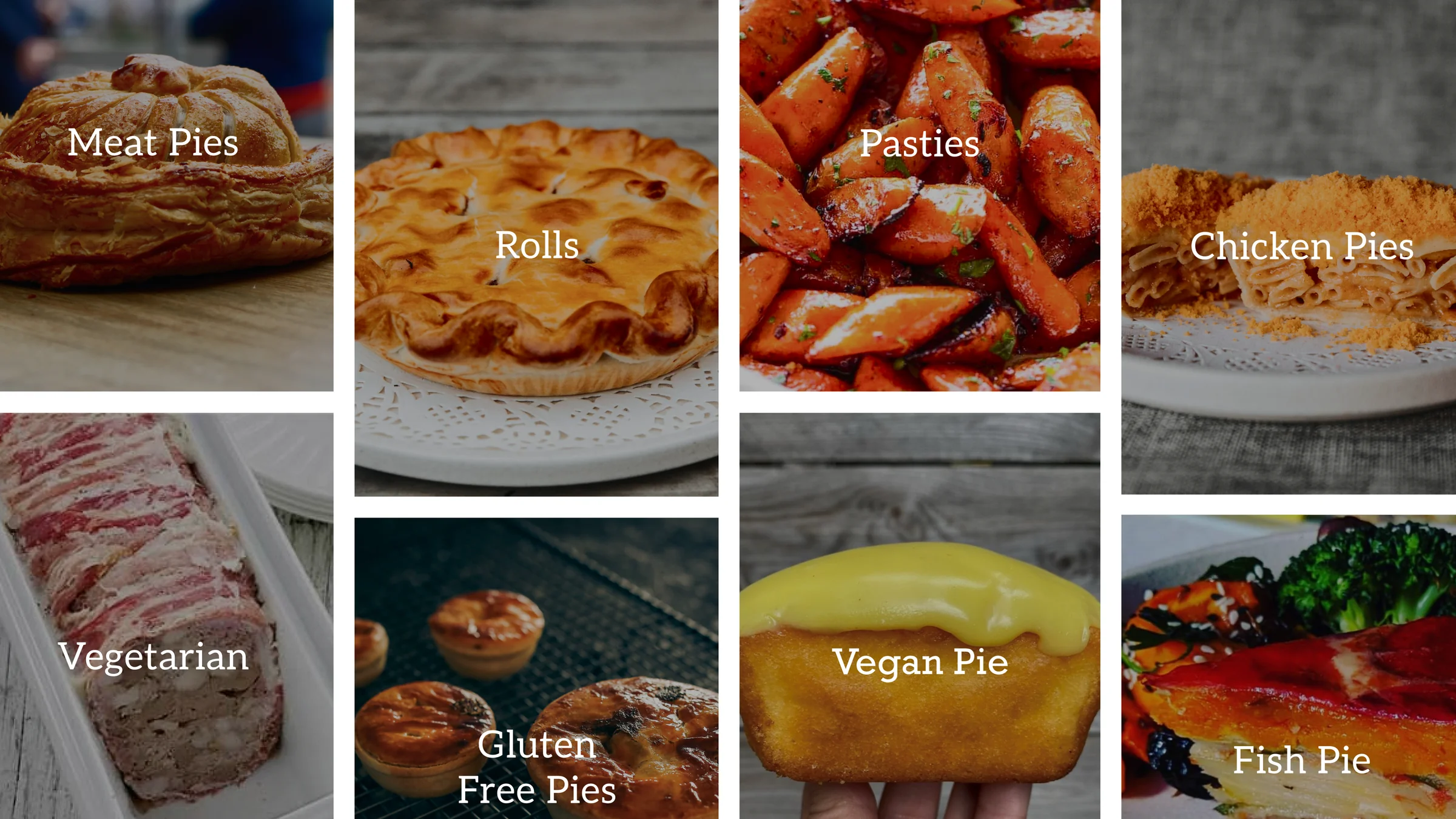 The product range: meat pies, rolls, pasties, vegetarian, gluten free and more