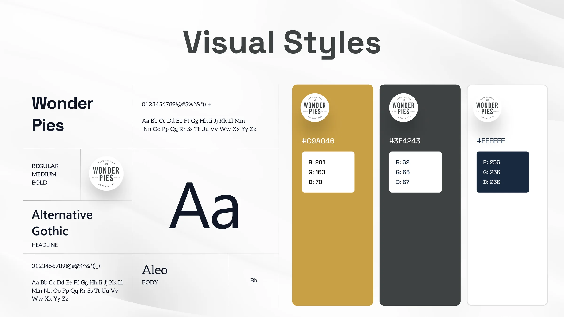 Visual styles: typography and the gold, charcoal and white palette