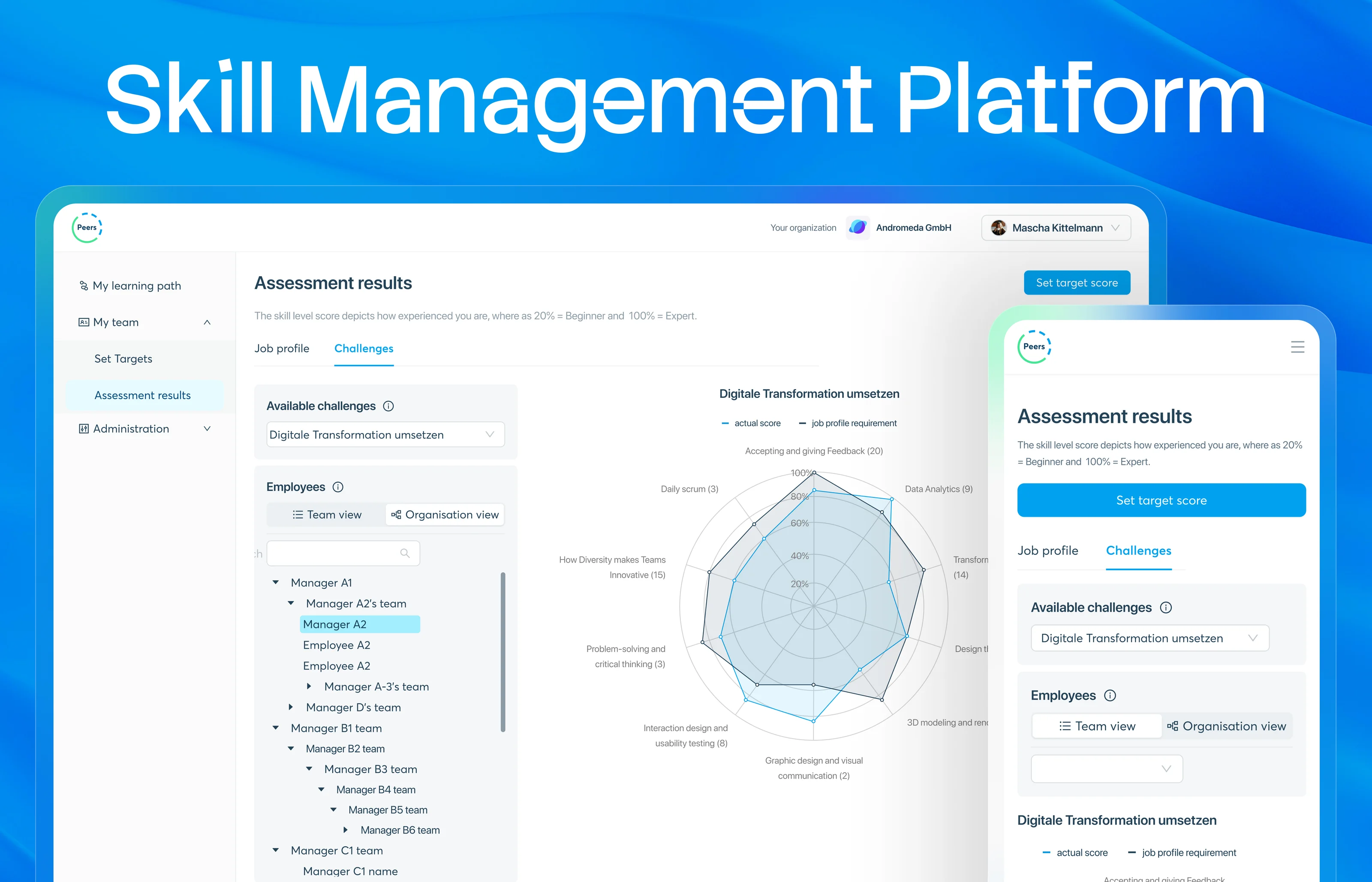 Peers, a skill management platform: the Assessment results screen on desktop and phone