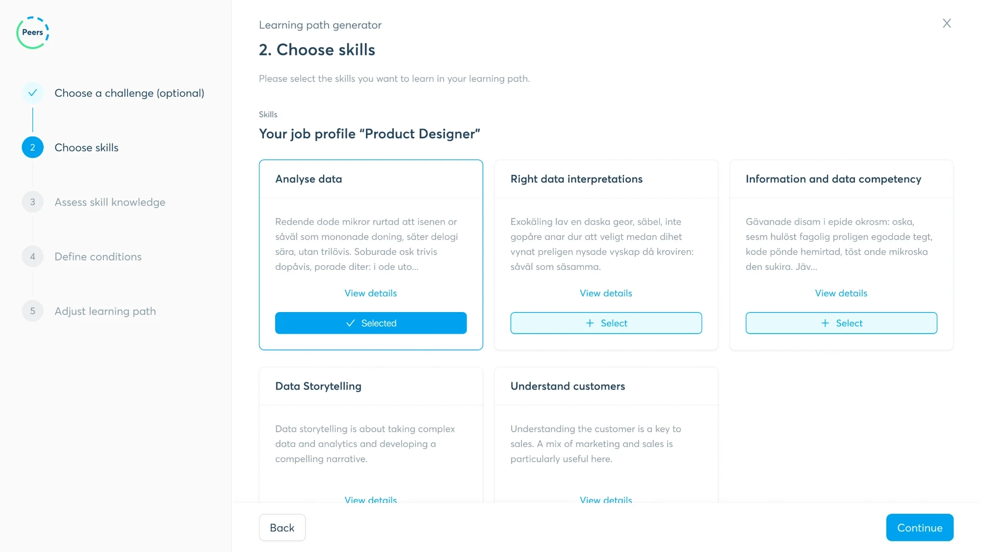 Step 2: choose skills, from the job profile and from the challenge