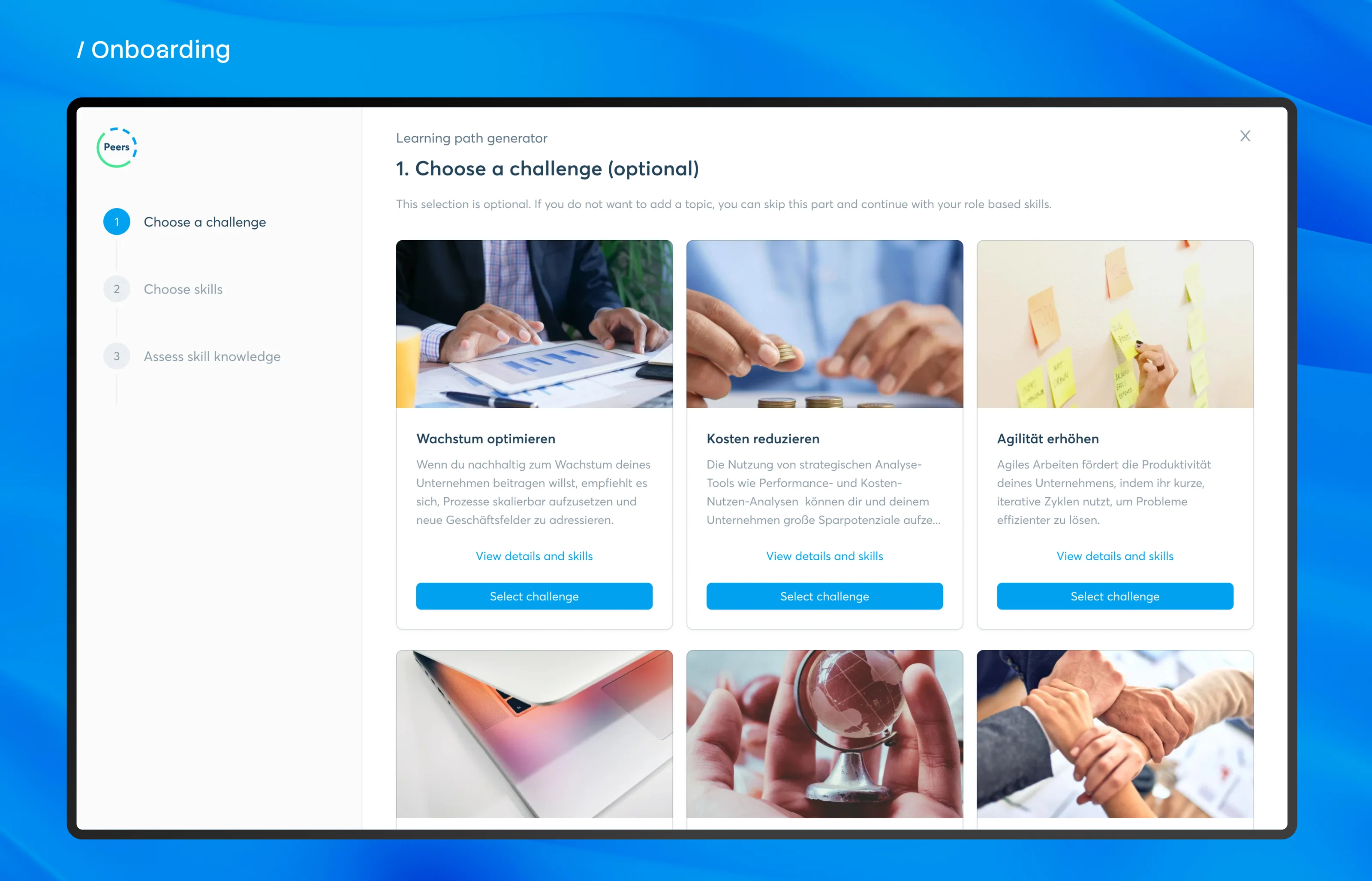 Onboarding: choosing a challenge in the learning path generator