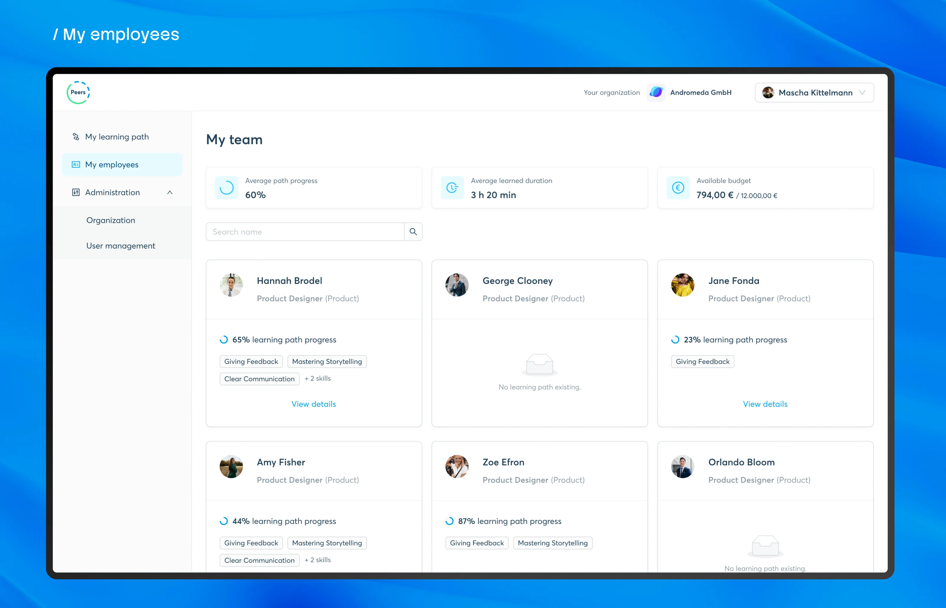 My employees: the team and each person's learning path progress