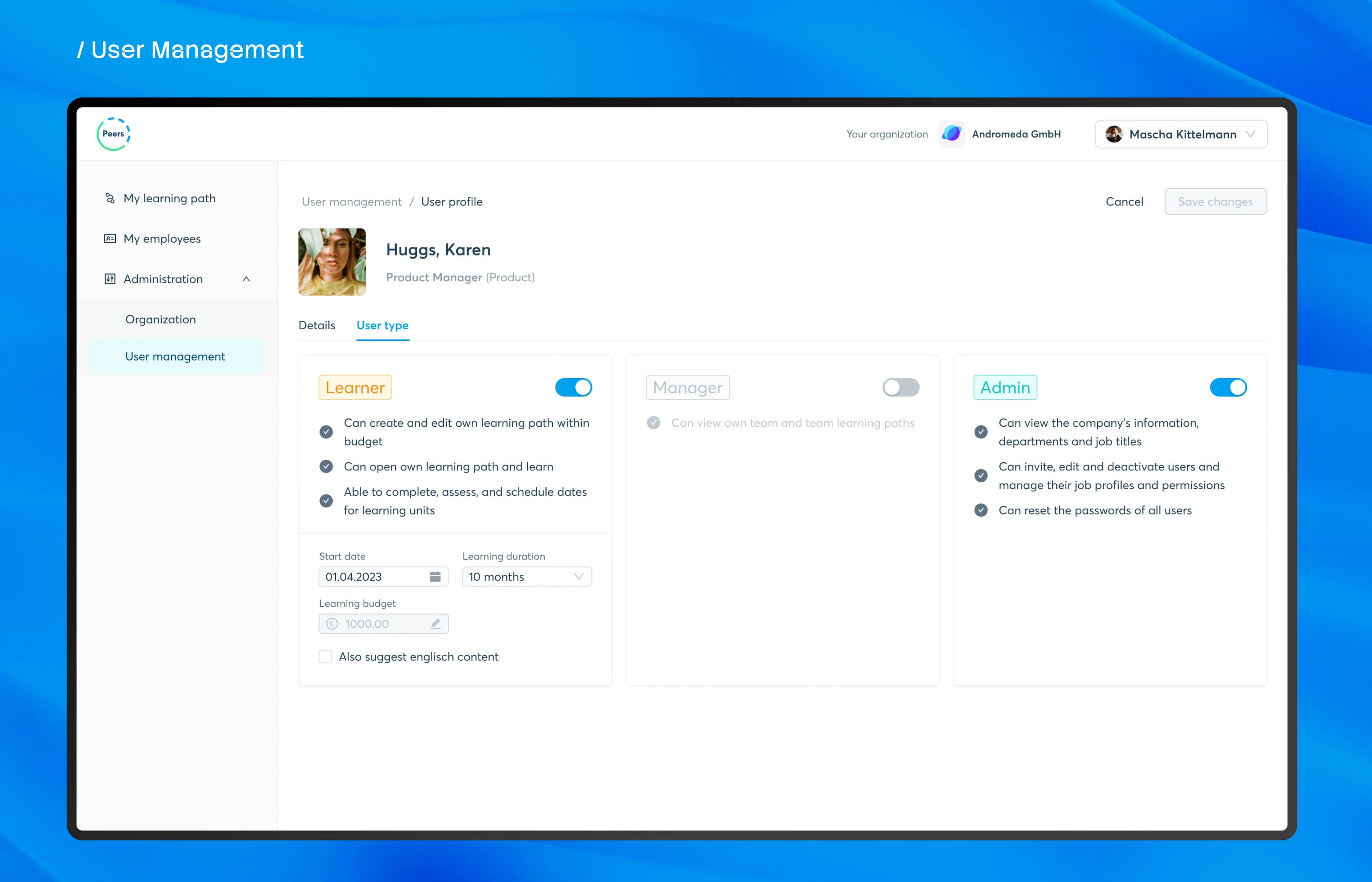 User management: a user profile and user type