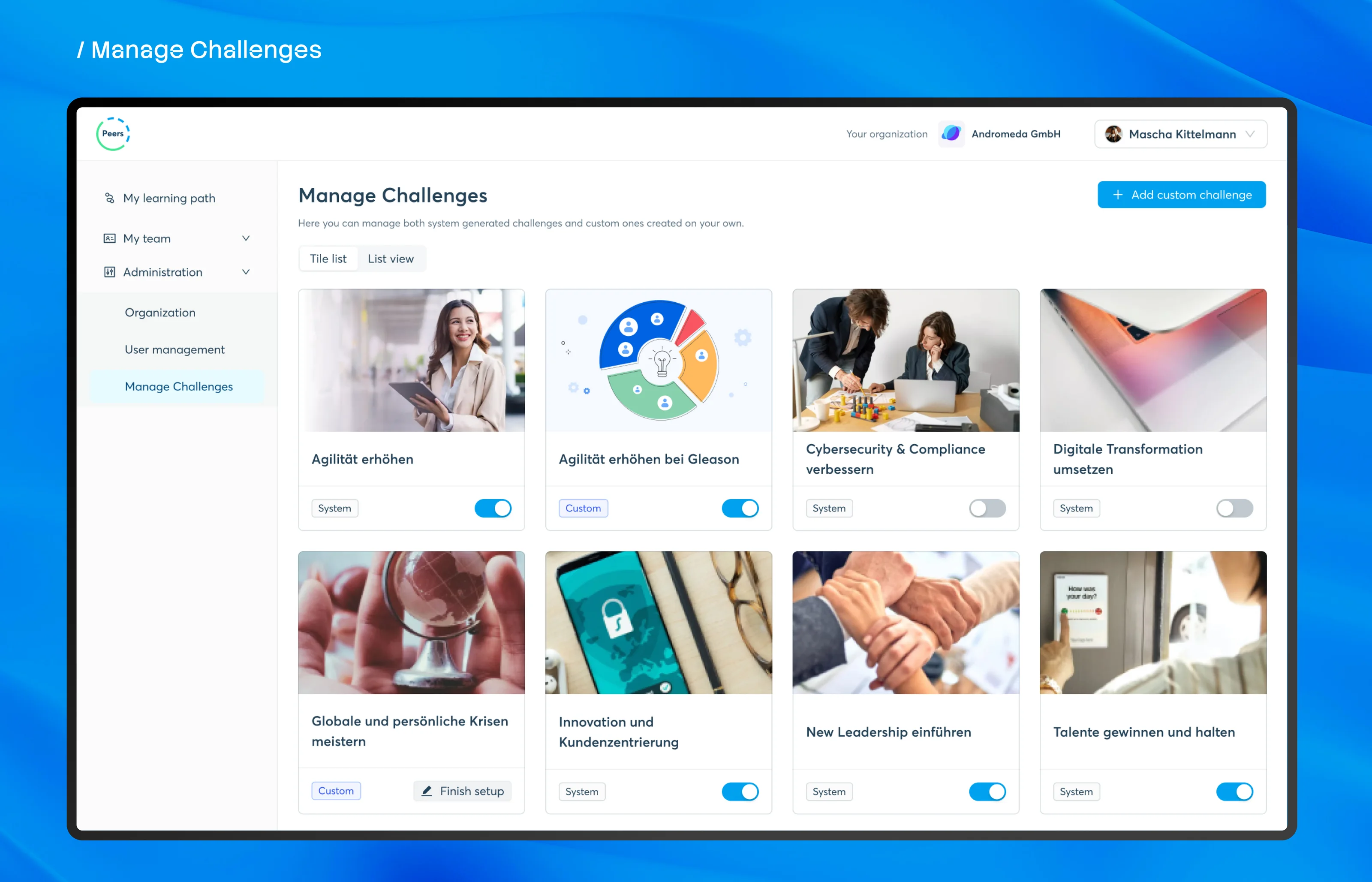 Manage Challenges: system and custom challenges