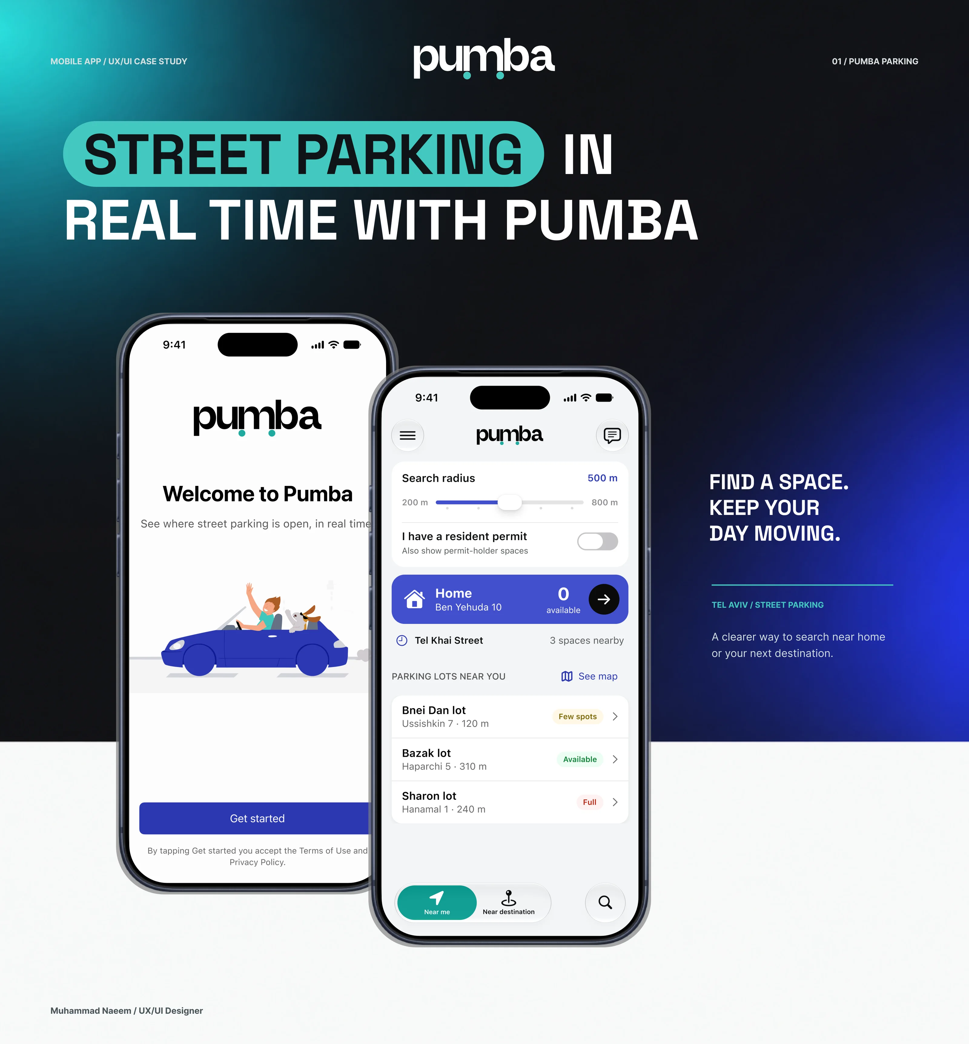 Pumba, street parking in real time: the welcome and home screens on two phones