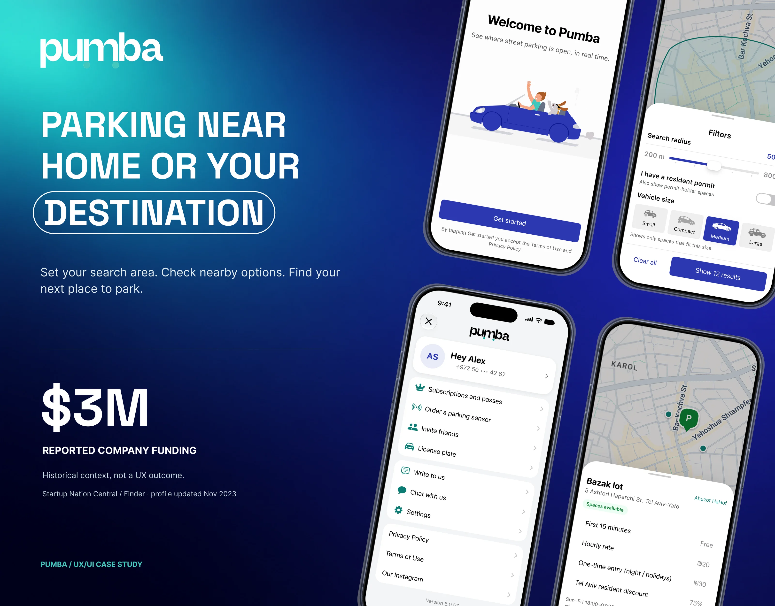 Parking near home or your destination: the app screens, and the reported company funding of $3M as historical context