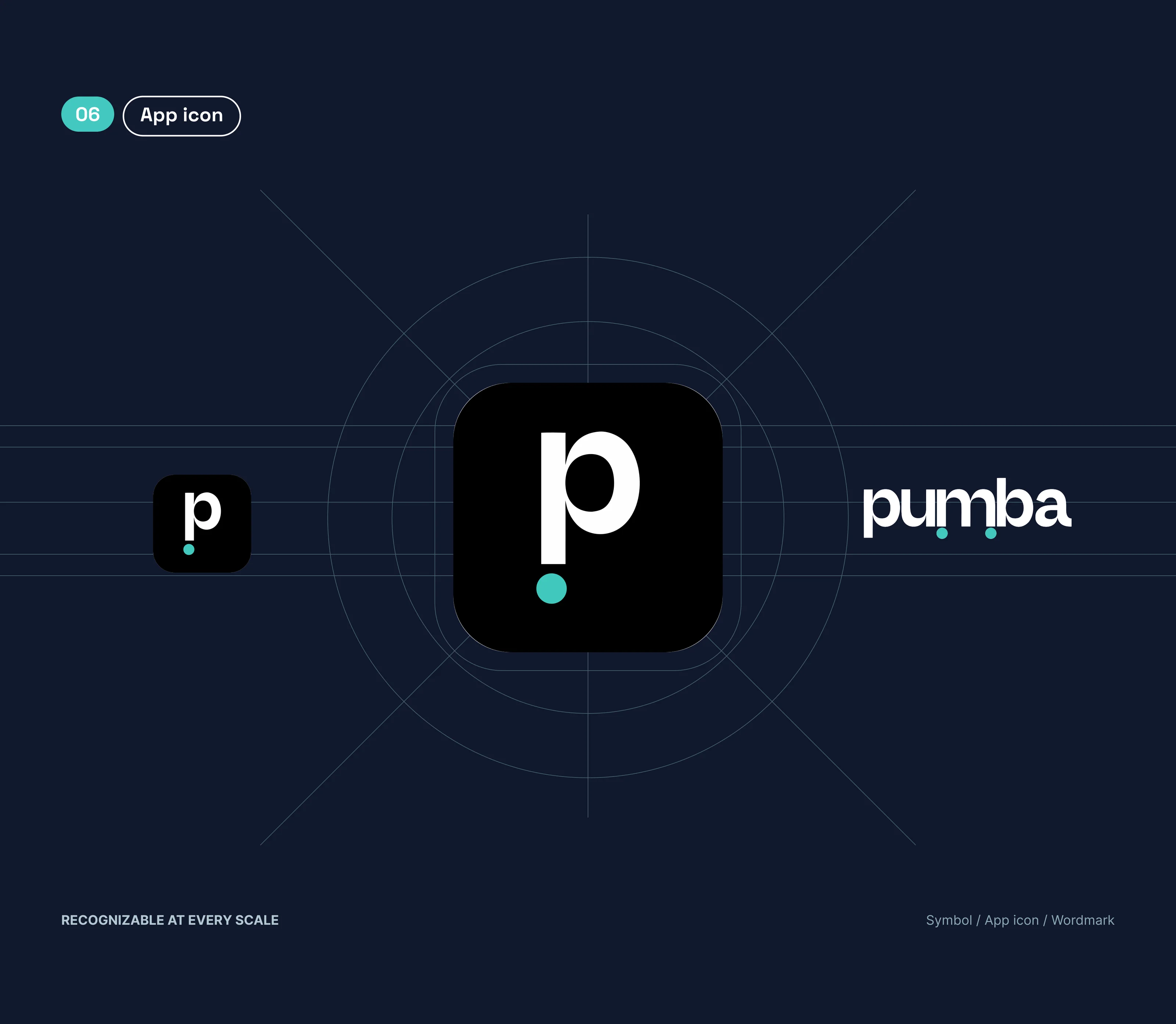 App icon: the p symbol with its teal dot, the icon at two sizes and the wordmark