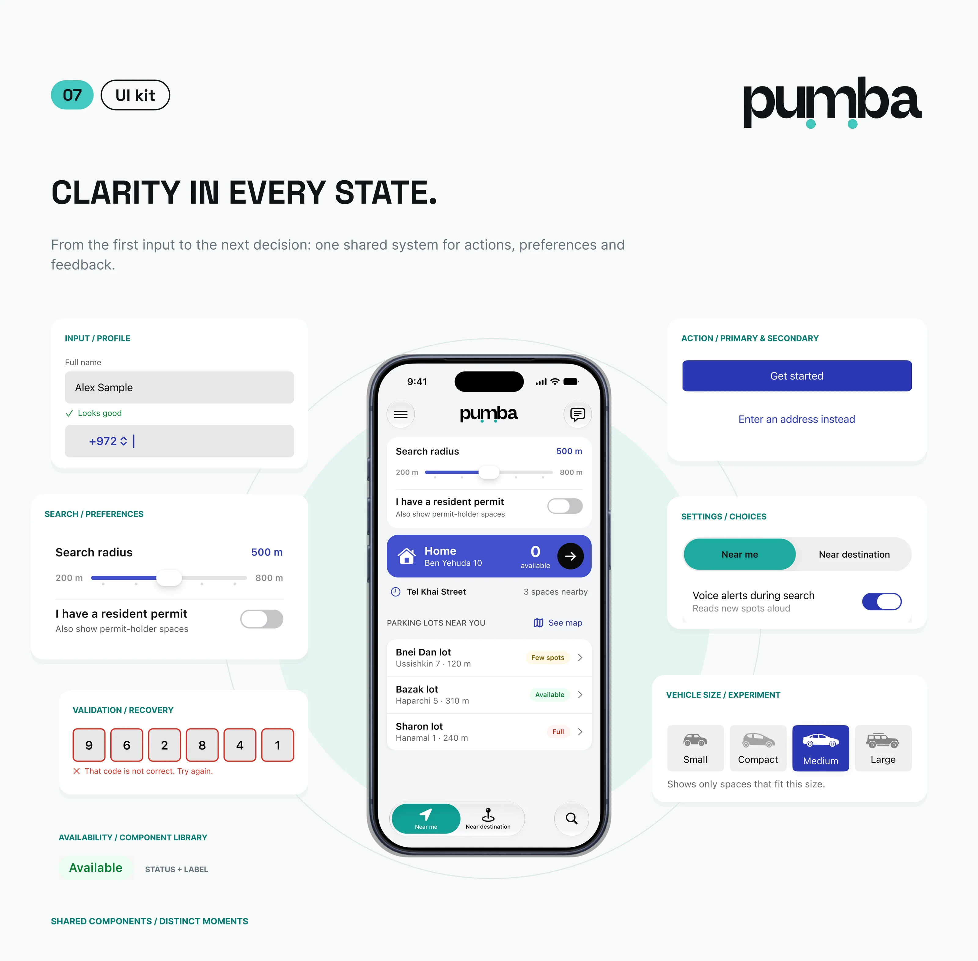 UI kit: inputs, search controls, validation, status labels, buttons, choices and vehicle size