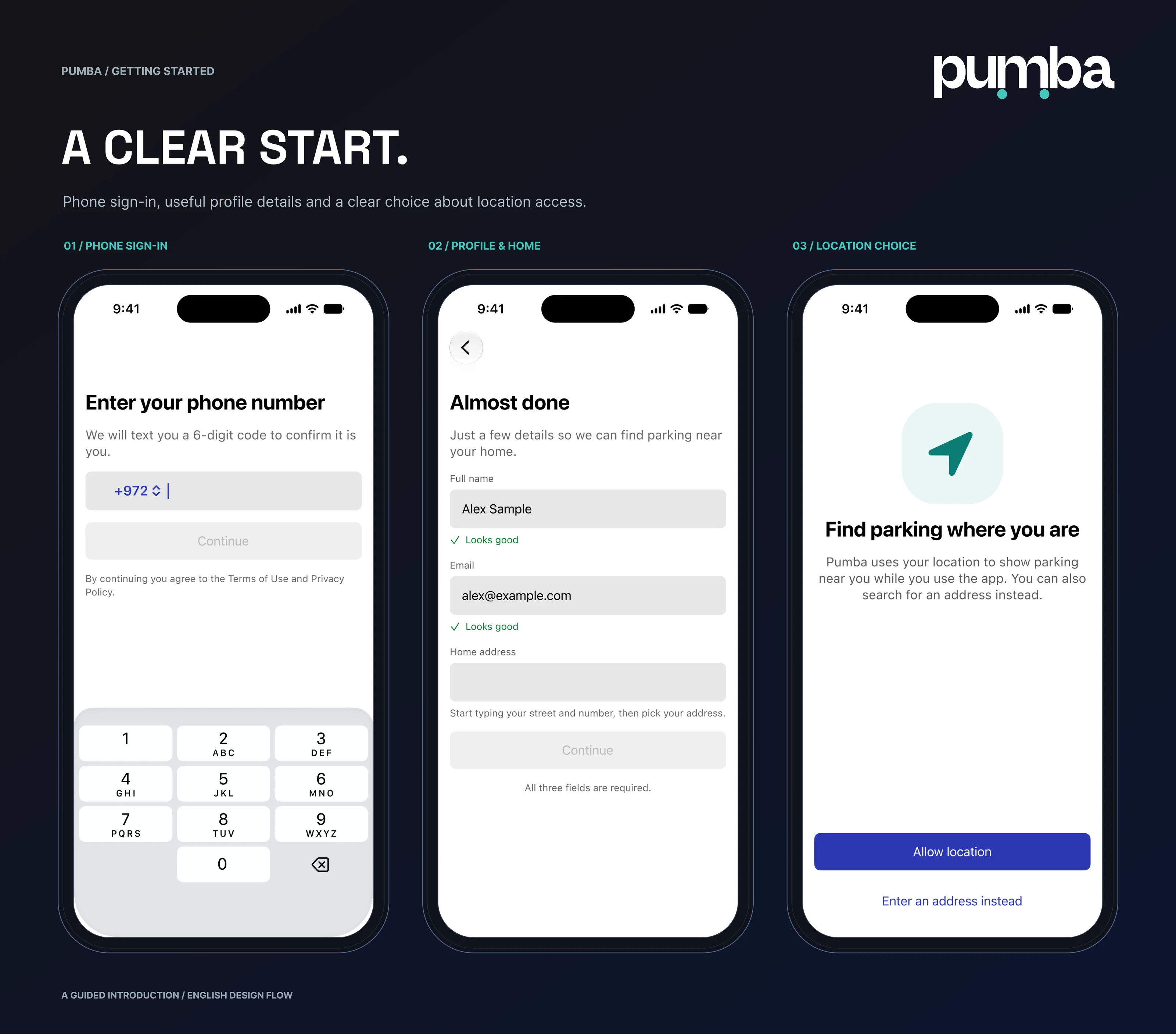 Getting started: phone sign-in, profile and home address, and the location choice