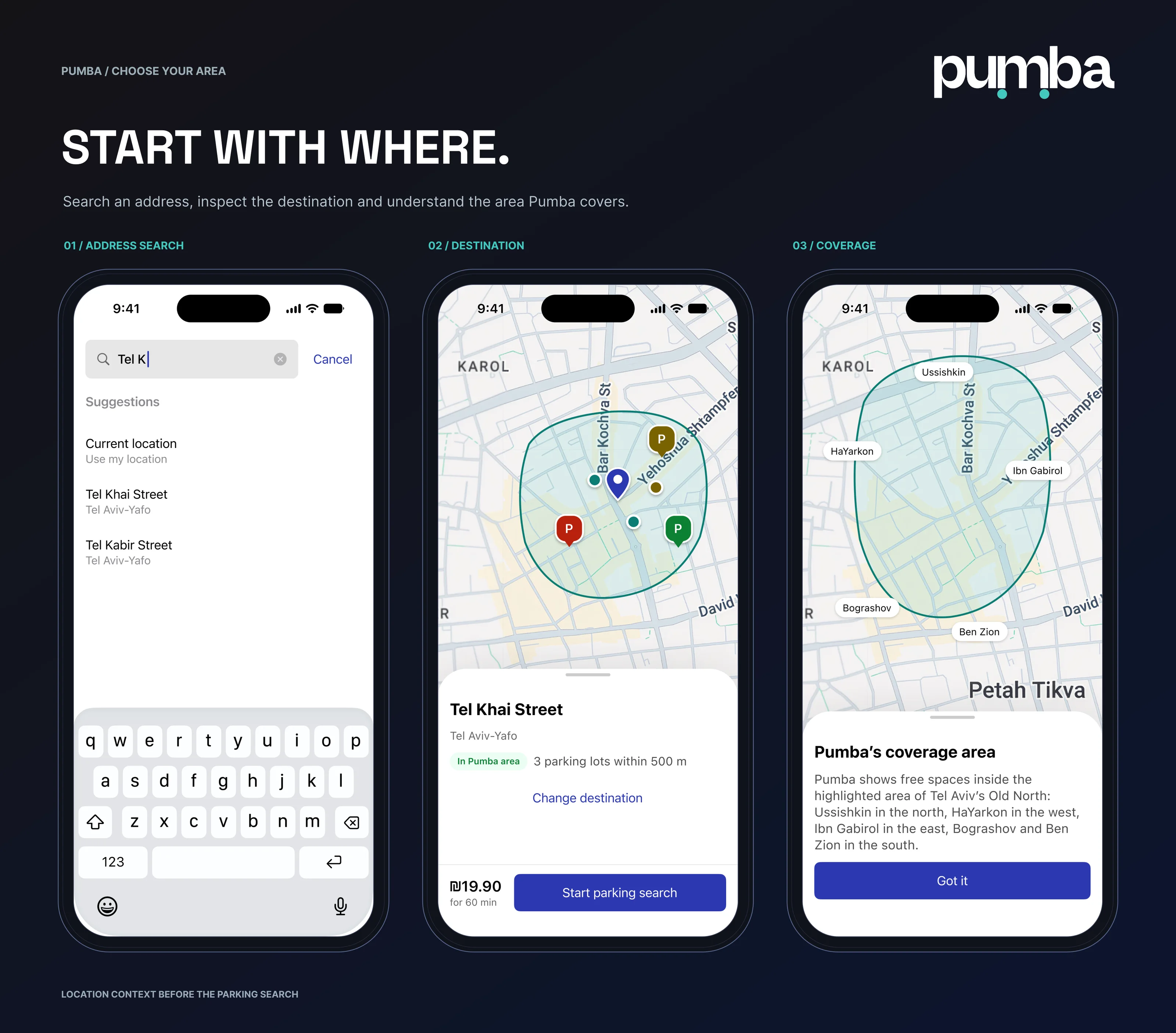 Choose your area: address search, the destination with nearby lots, and Pumba's coverage area