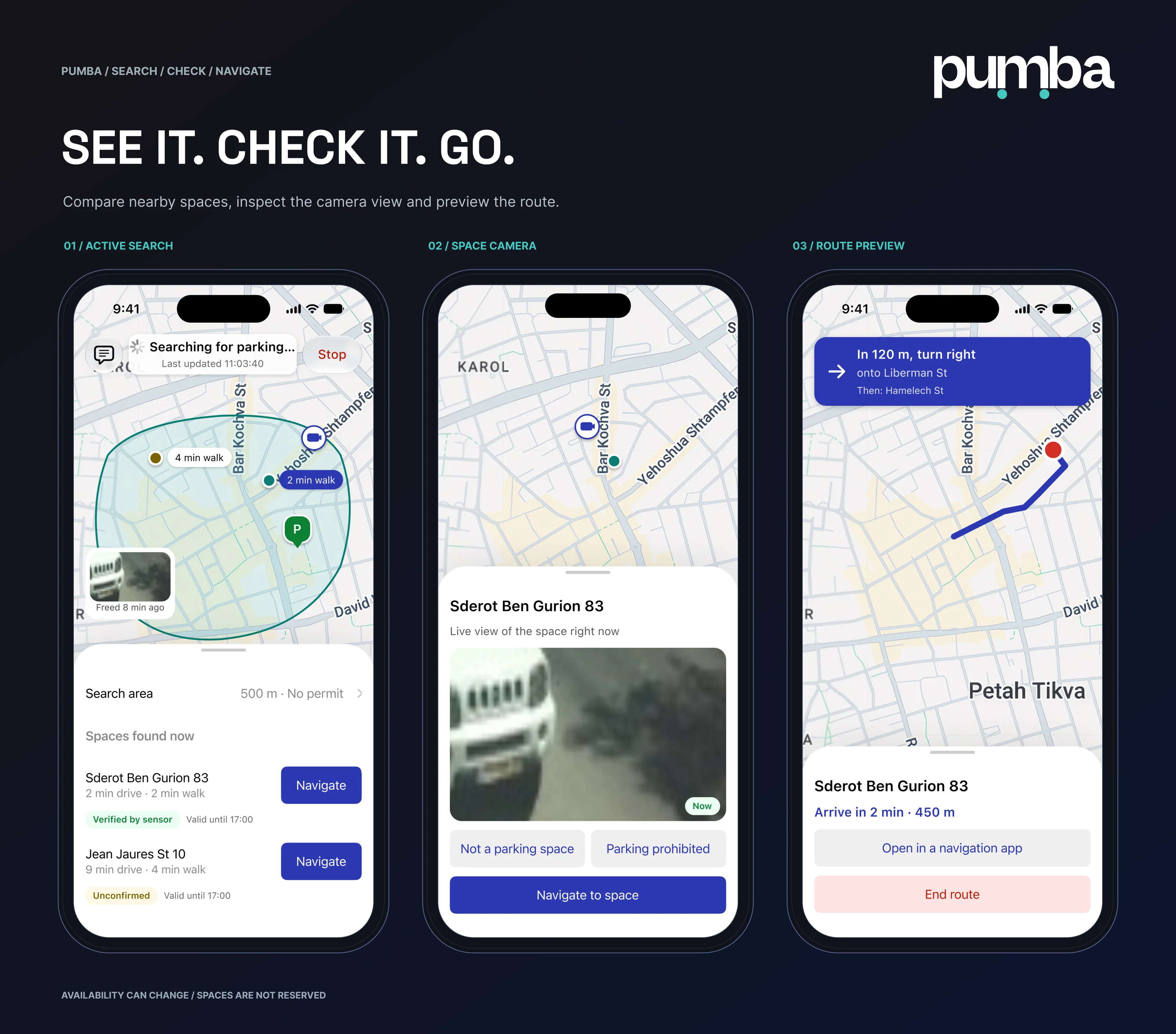 Search, check, navigate: the active search, the space camera and the route preview