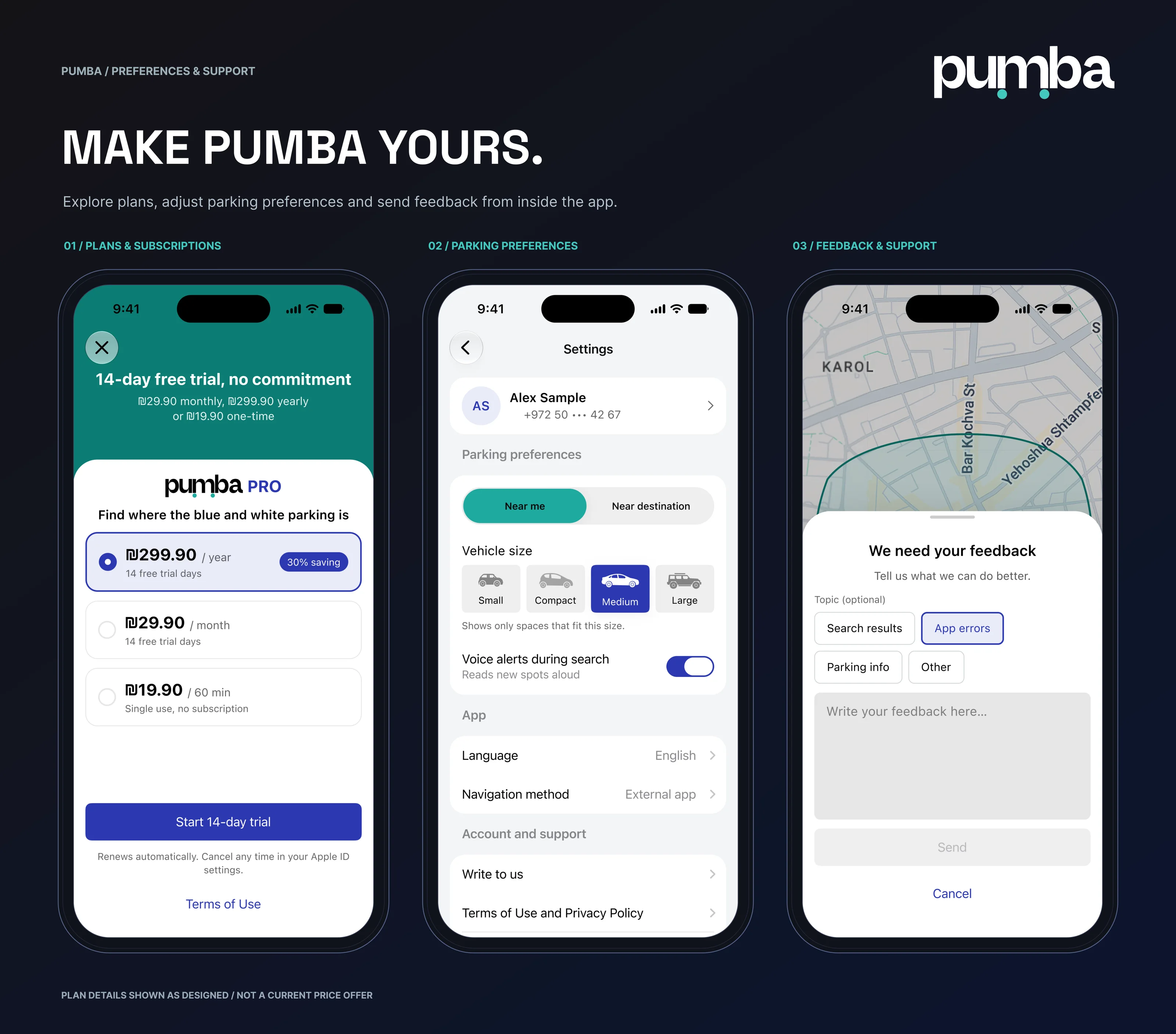 Make Pumba yours: plans and subscriptions, parking preferences, and feedback and support