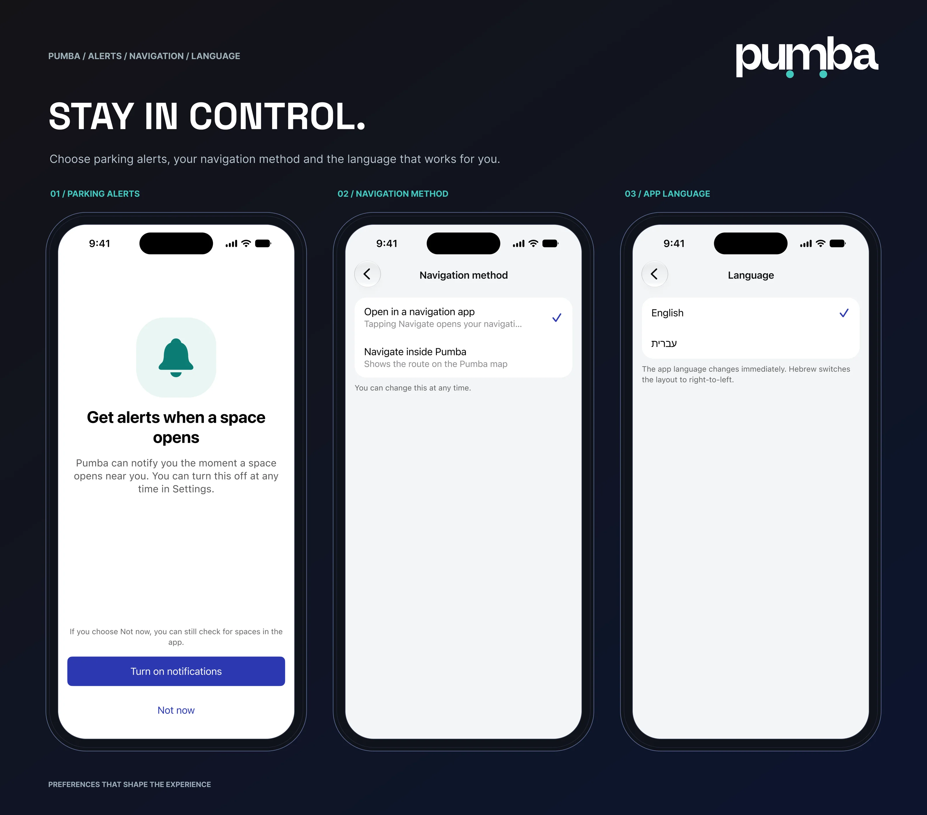 Stay in control: parking alerts, navigation method and app language