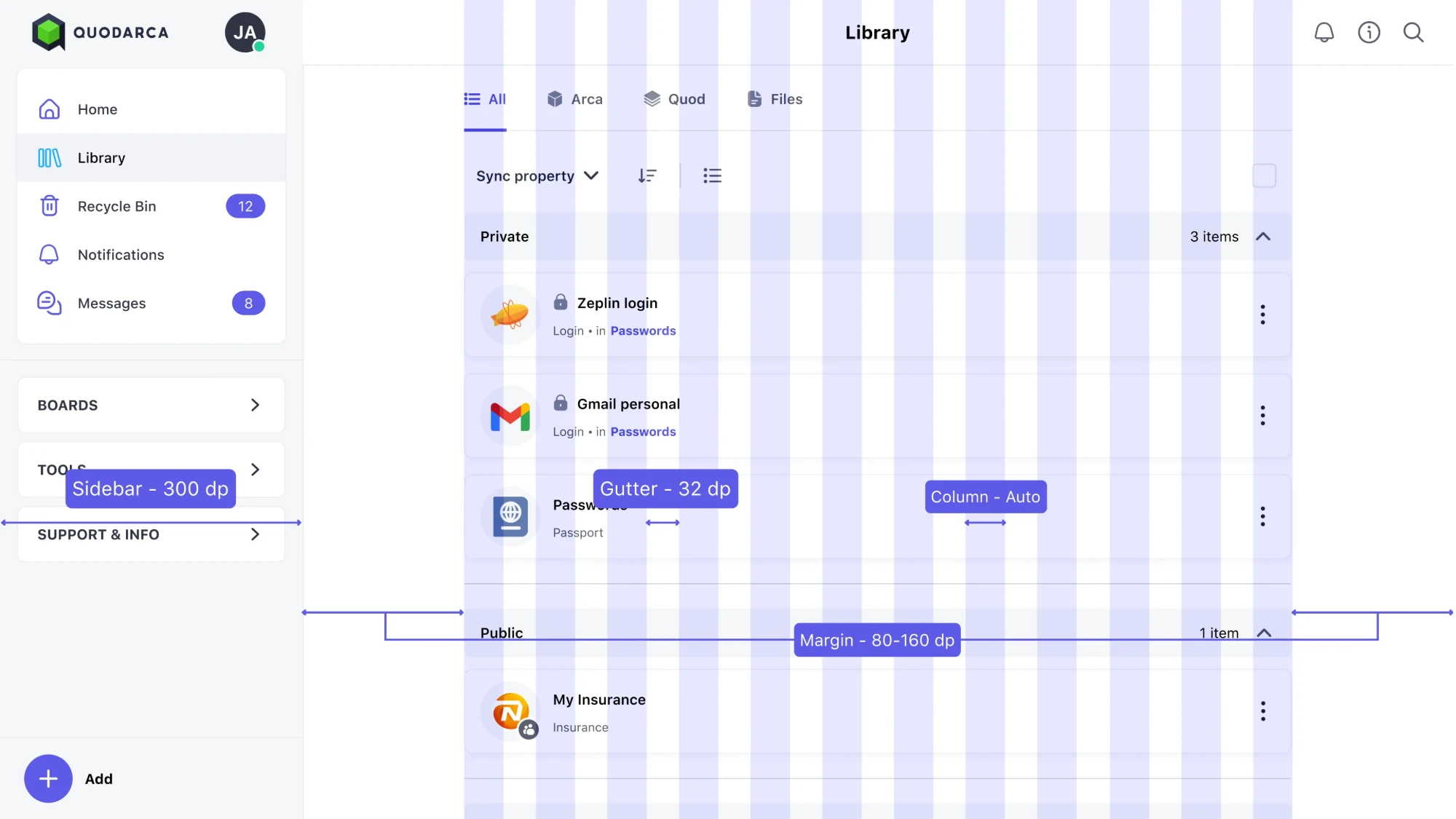 QuodArca library layout with sidebar, gutter and margins