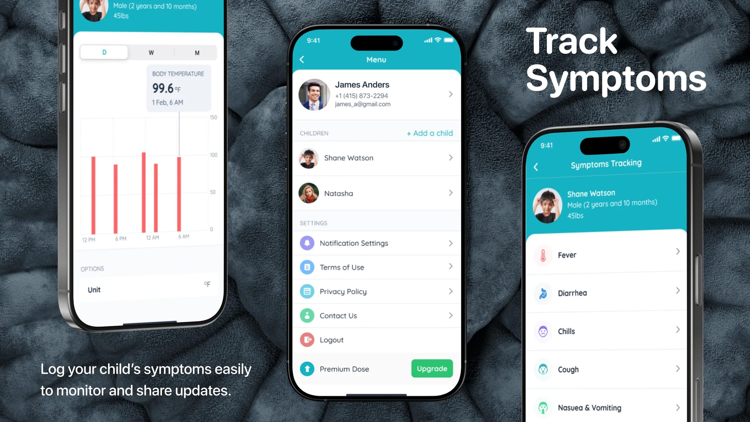 Track symptoms: a body temperature chart, the menu and the symptoms list