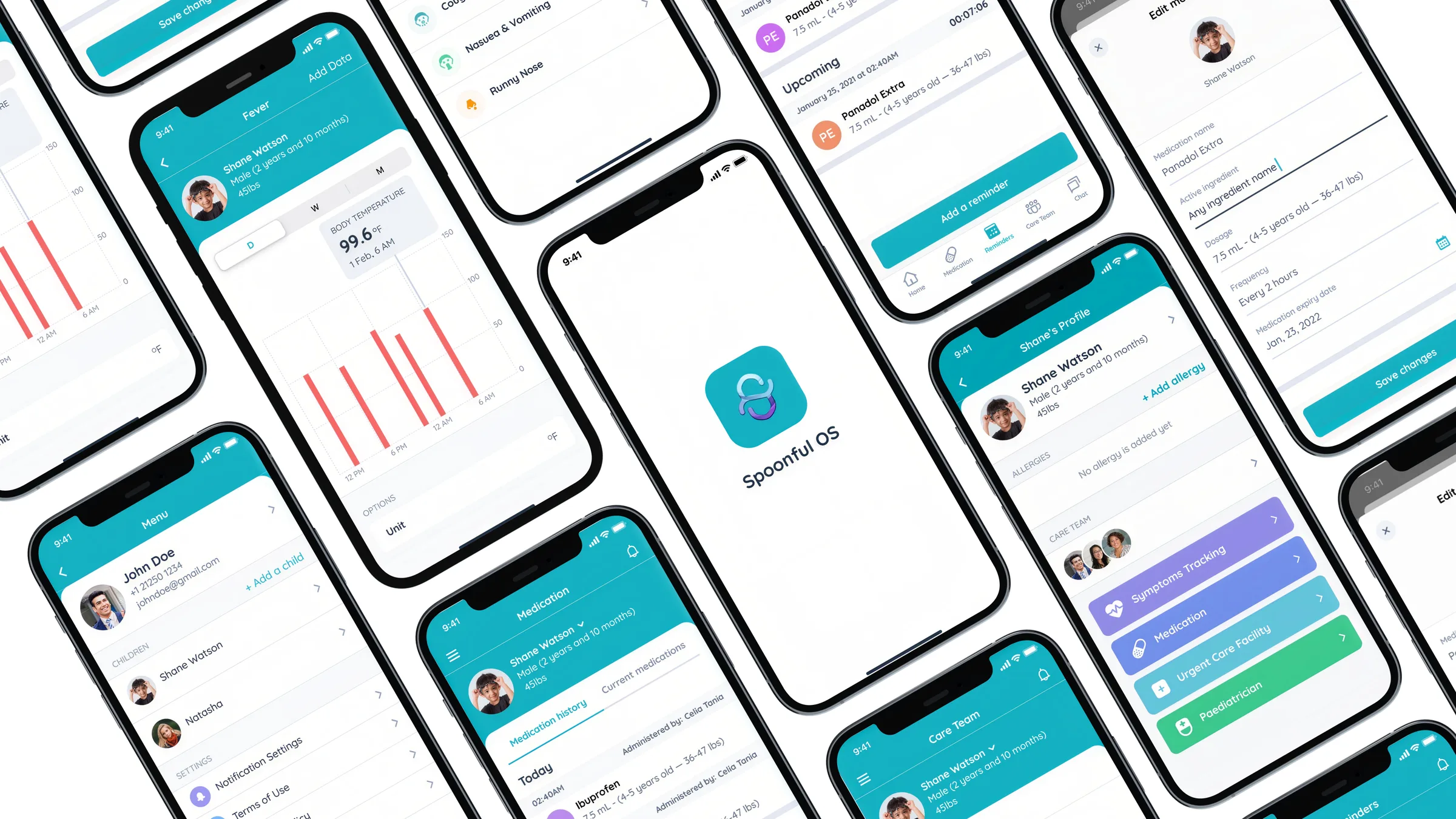 The app screens: the profile, symptoms, medication and care team, with the app icon