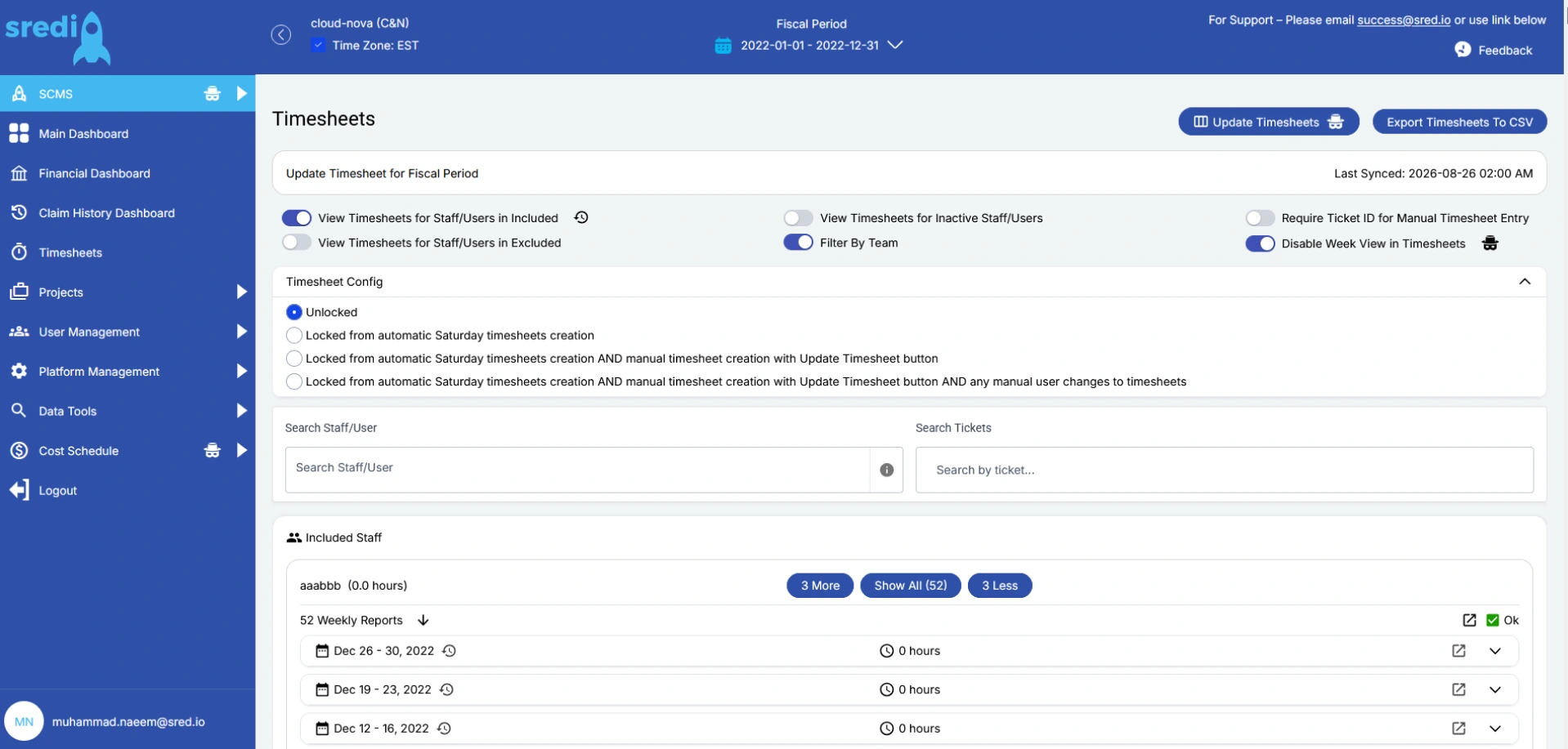 The old Timesheets page, with toggles and the timesheet config above the staff list