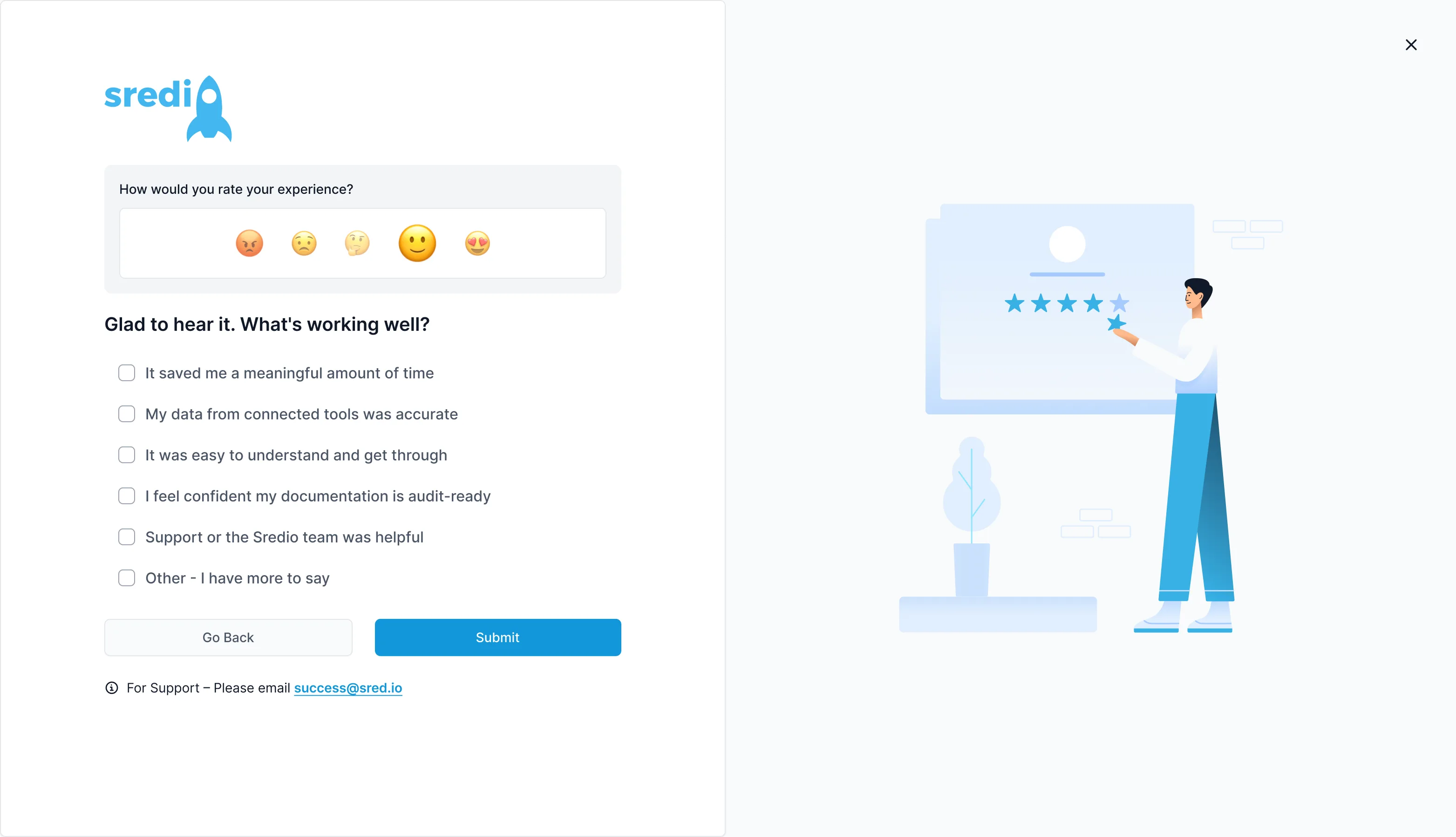 The Feedback form: a five face rating and a list of what is working well