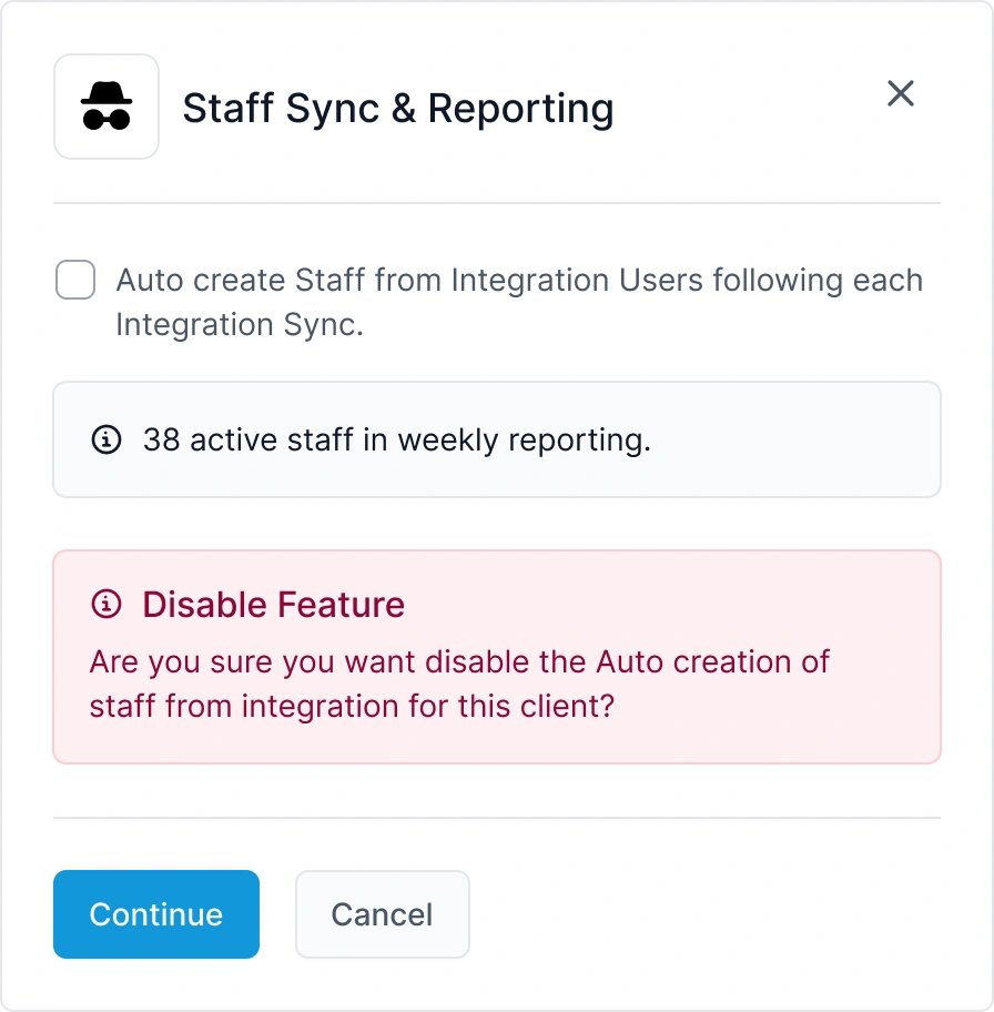 The Staff Sync & Reporting modal asking to confirm disabling the automatic staff creation