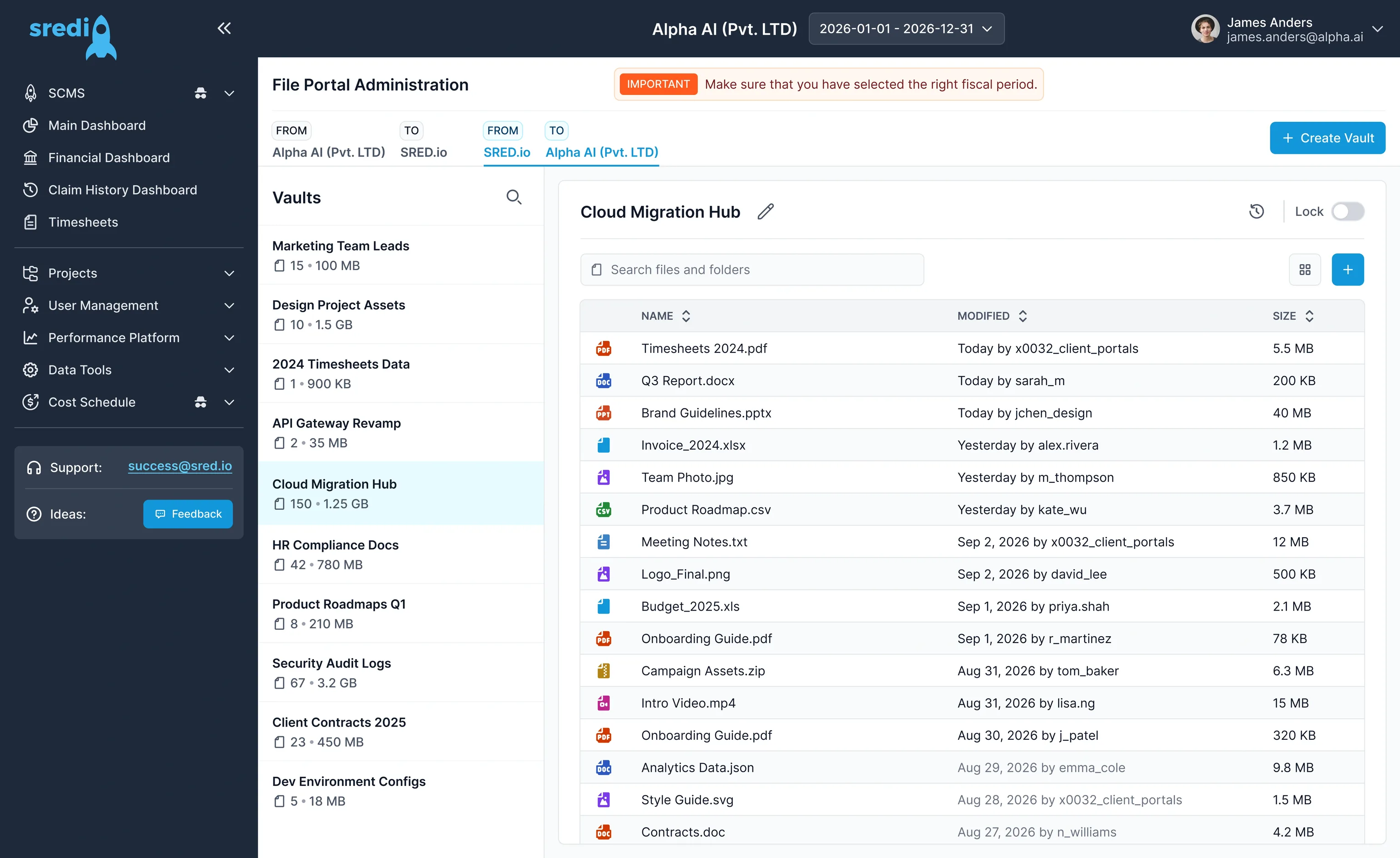A Sred.io screen: a list of vaults on the left, the files of Cloud Migration Hub on the right