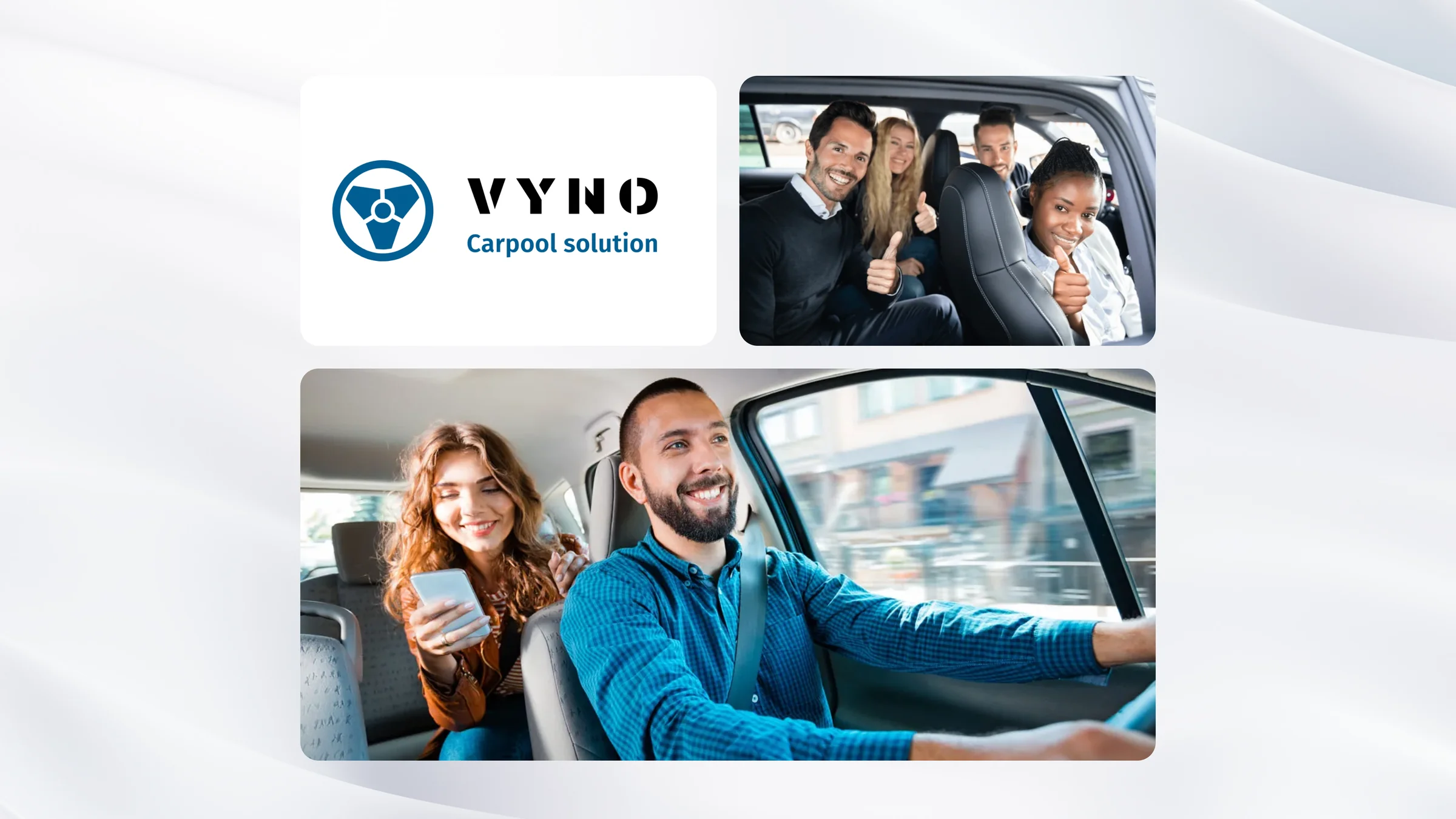 VYNO Carpool solution: the brand, with drivers and passengers sharing a ride