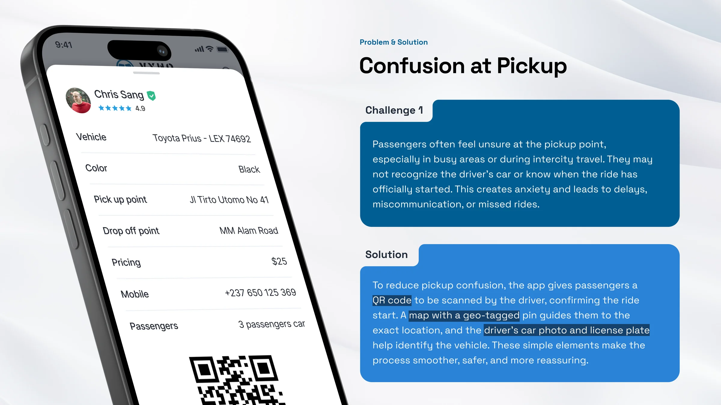 Problem and solution, challenge 1: confusion at pickup, solved with a QR code, a map pin and the driver's car photo and plate