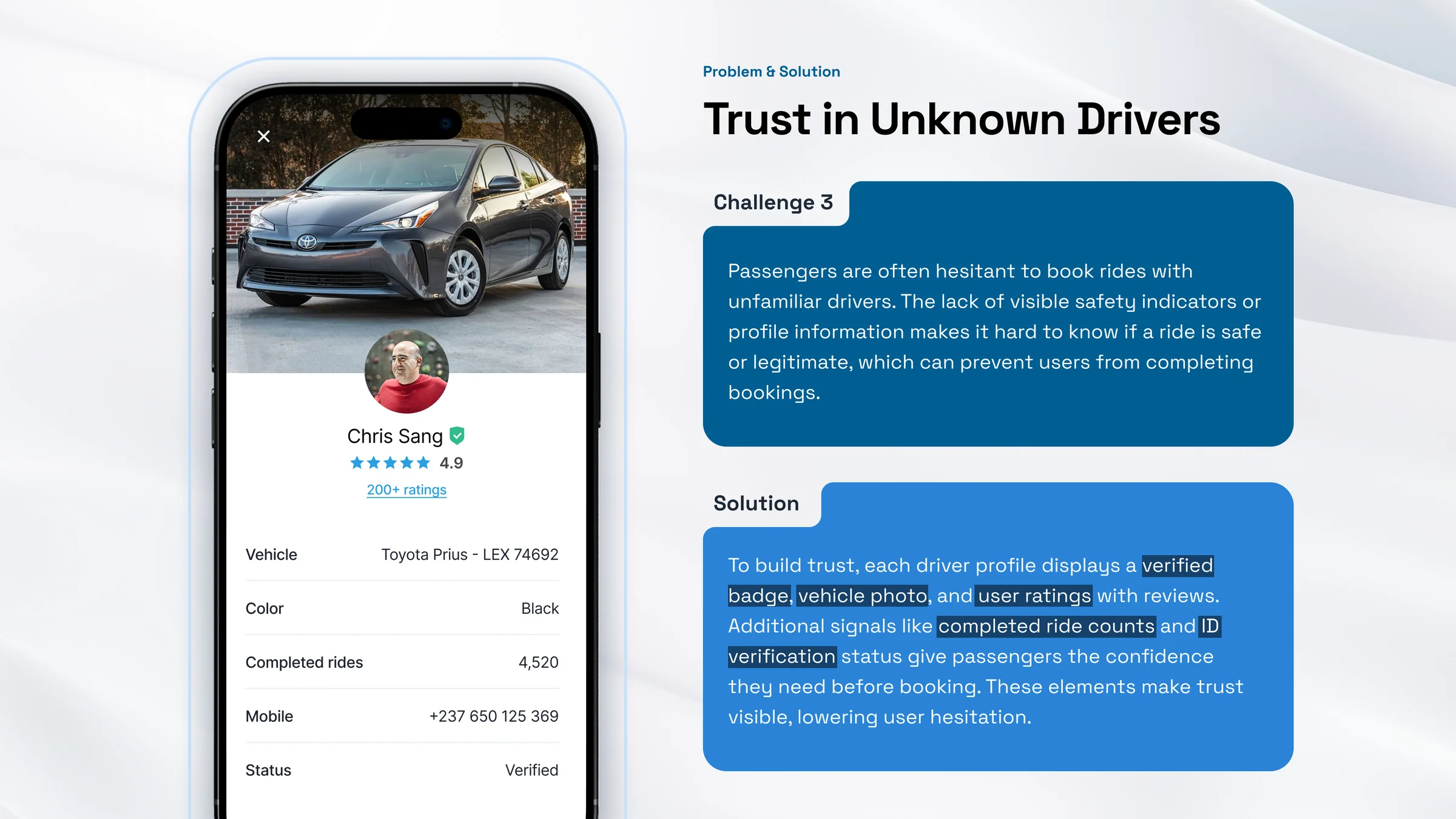 Problem and solution, challenge 3: trust in unknown drivers, solved with verified badges, ratings and ID status