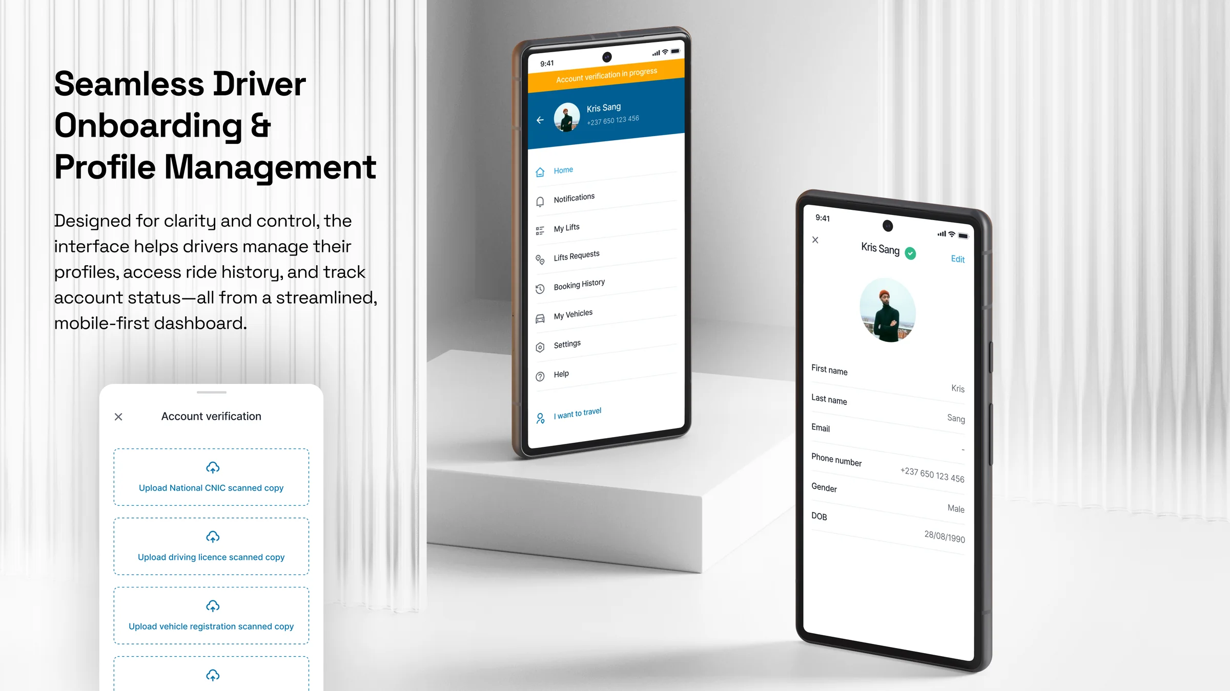 Driver onboarding and profile management, with account verification