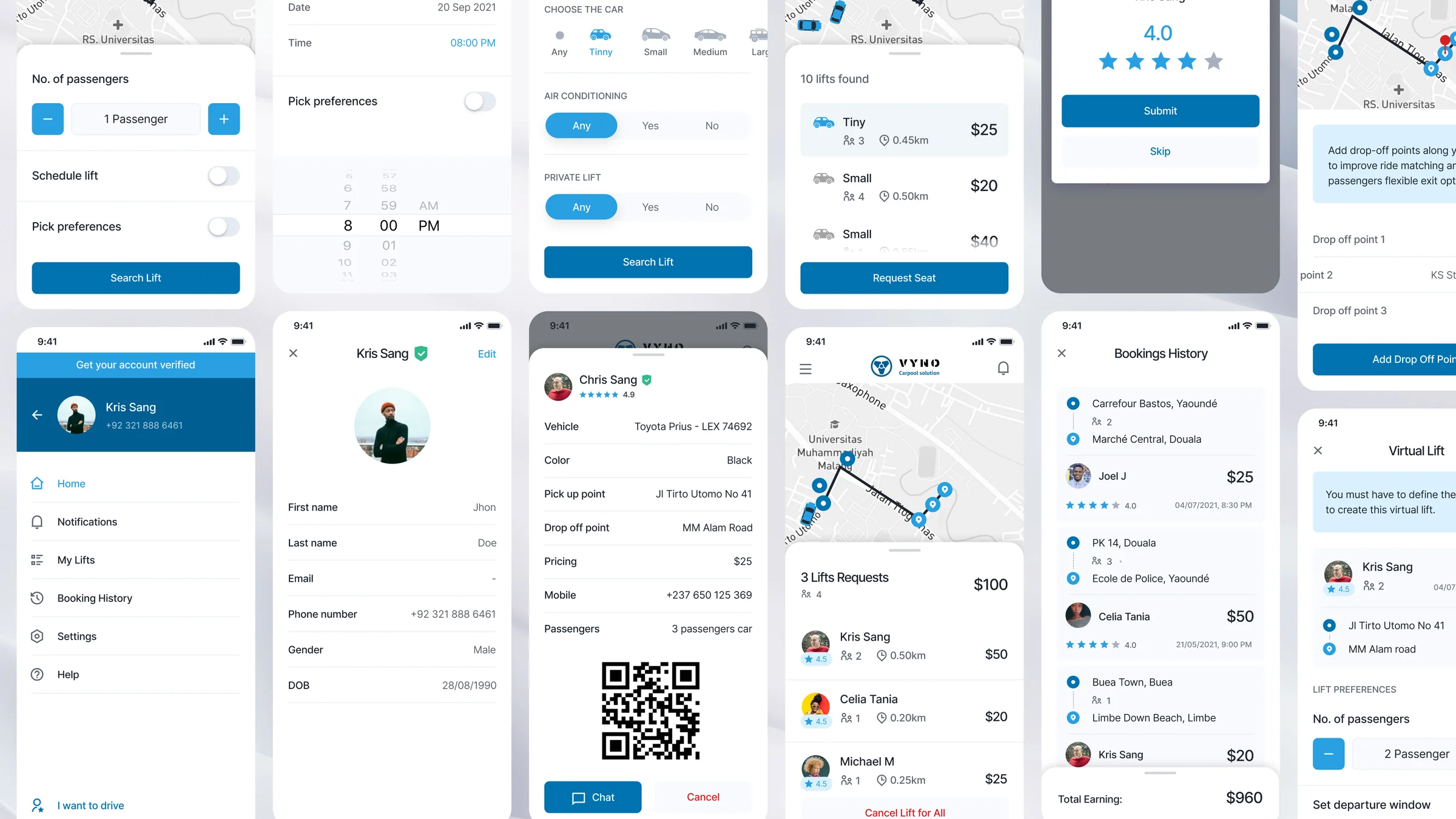 Hi-fi designs: sign up, lift preferences, driver profiles and booking history