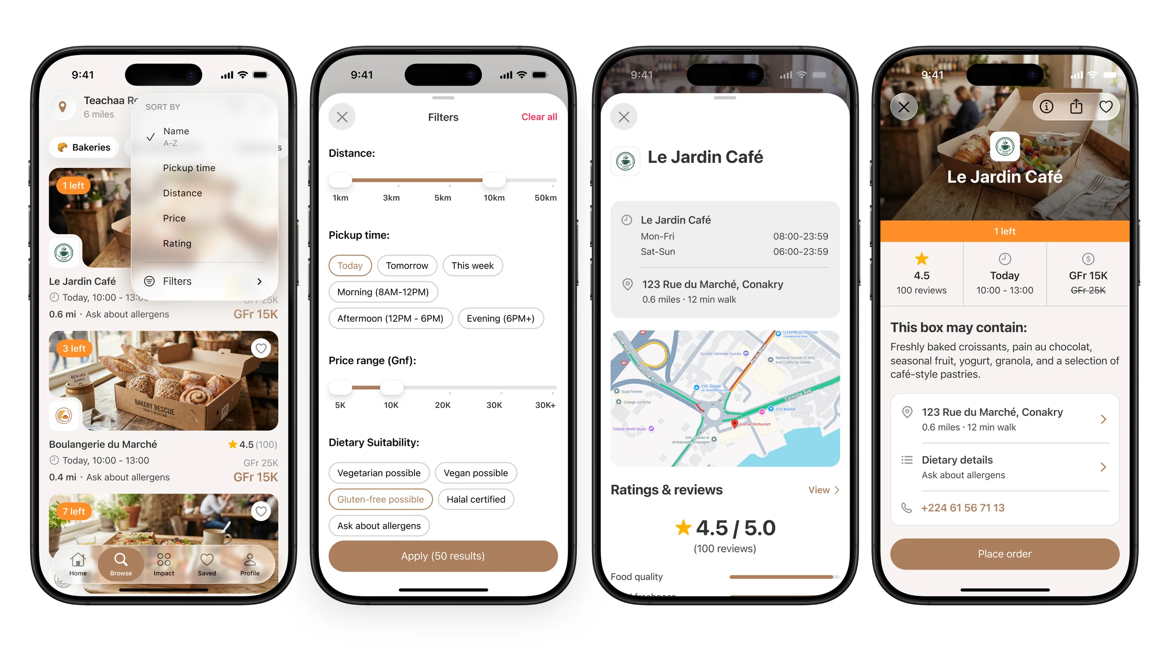 Search and filters: distance, pickup time, price range and dietary needs