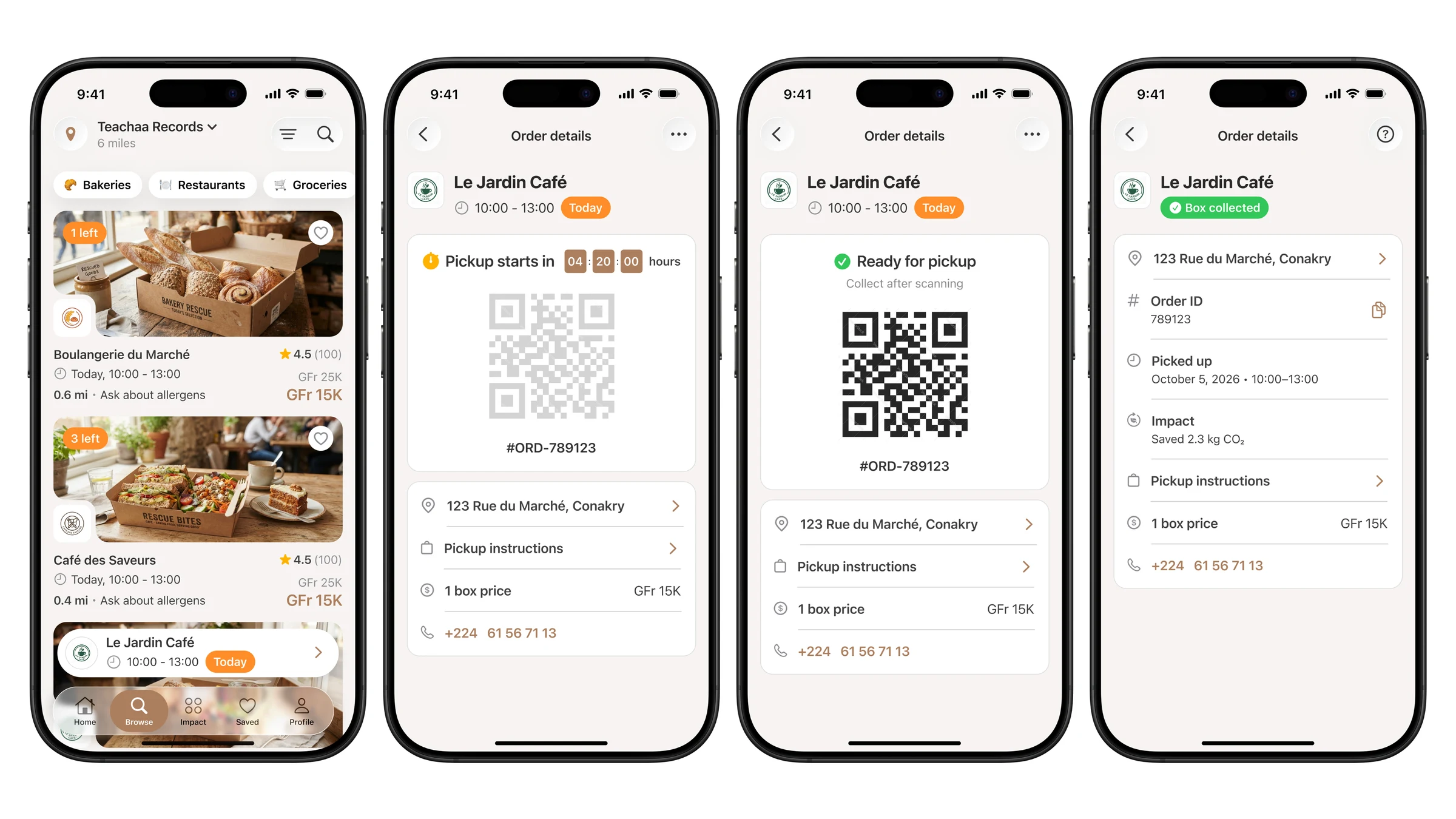 Order flow: Surprise Basket details, order status and the pickup QR code