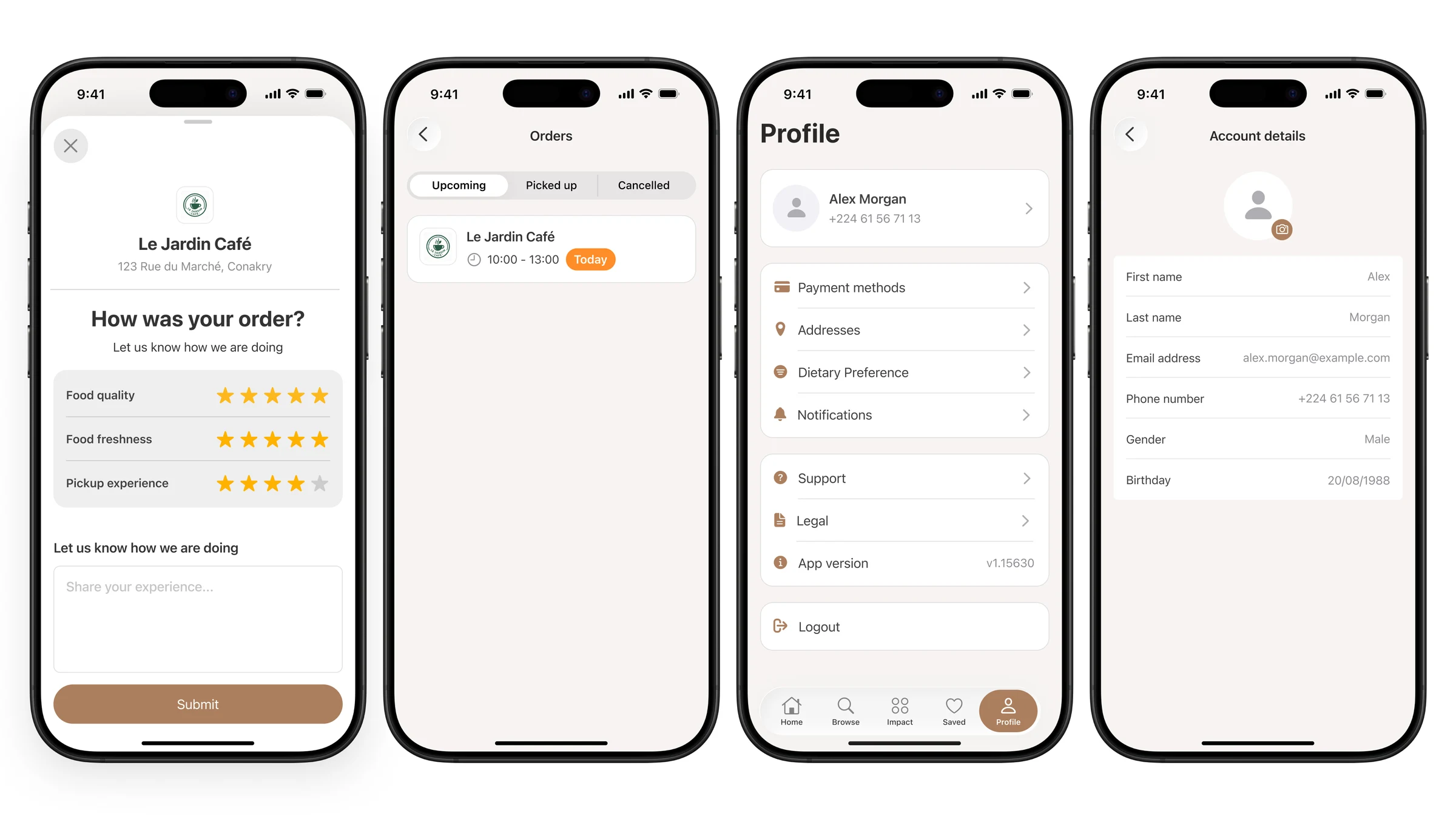 After pickup: rating the order, orders list, profile and account details