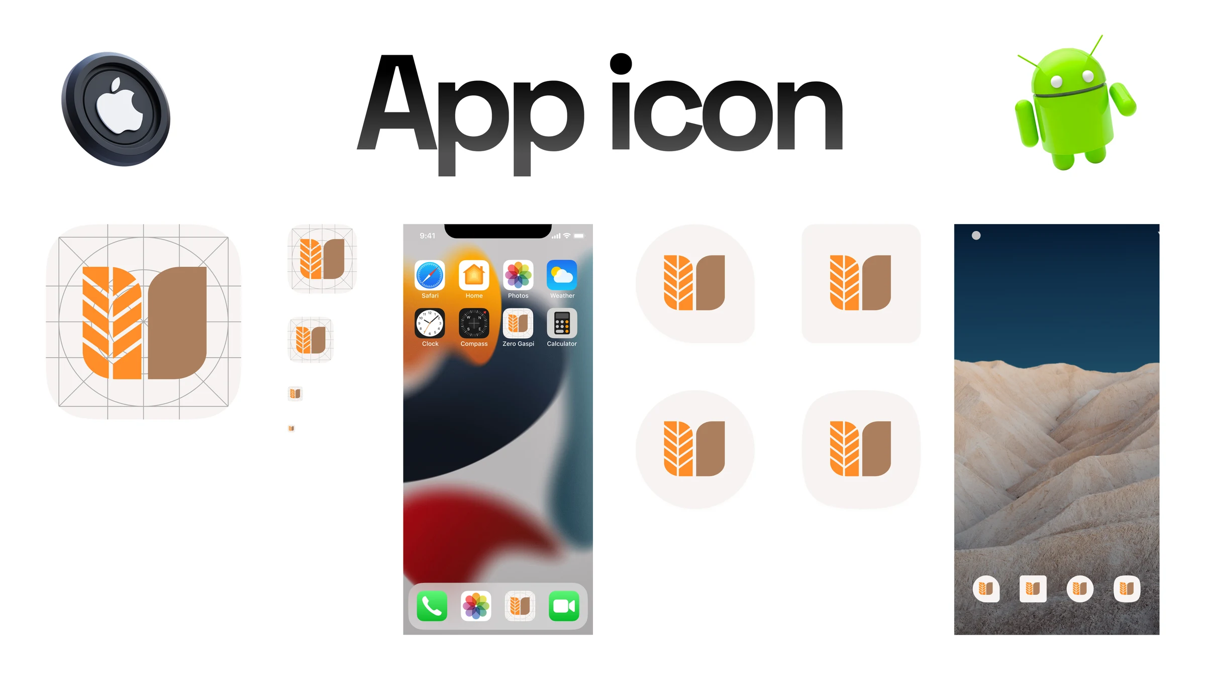 App icon: the grid, the icon on a home screen and the Android and iOS versions